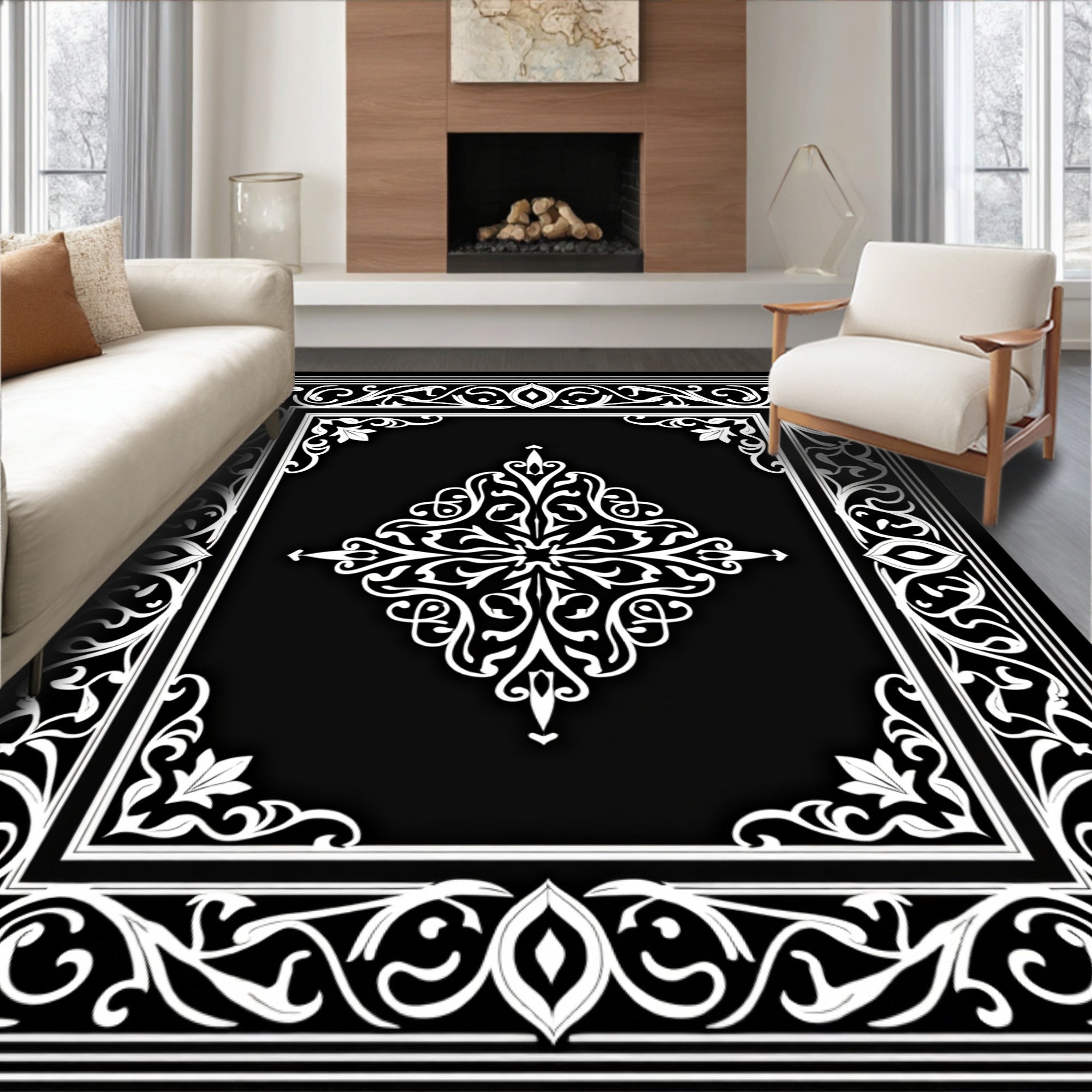 Elegant Black White Floral Scroll Rug