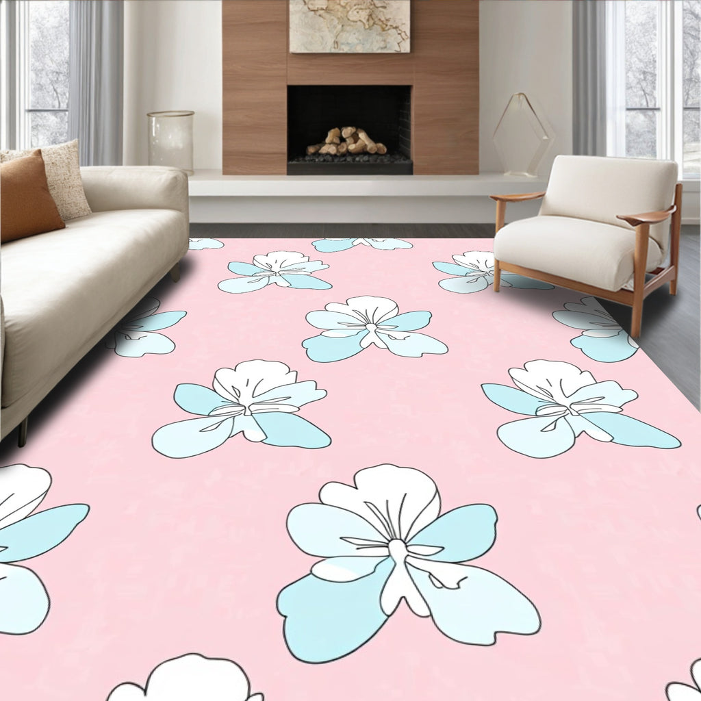 Delicate Blue White Floral Pattern Rug