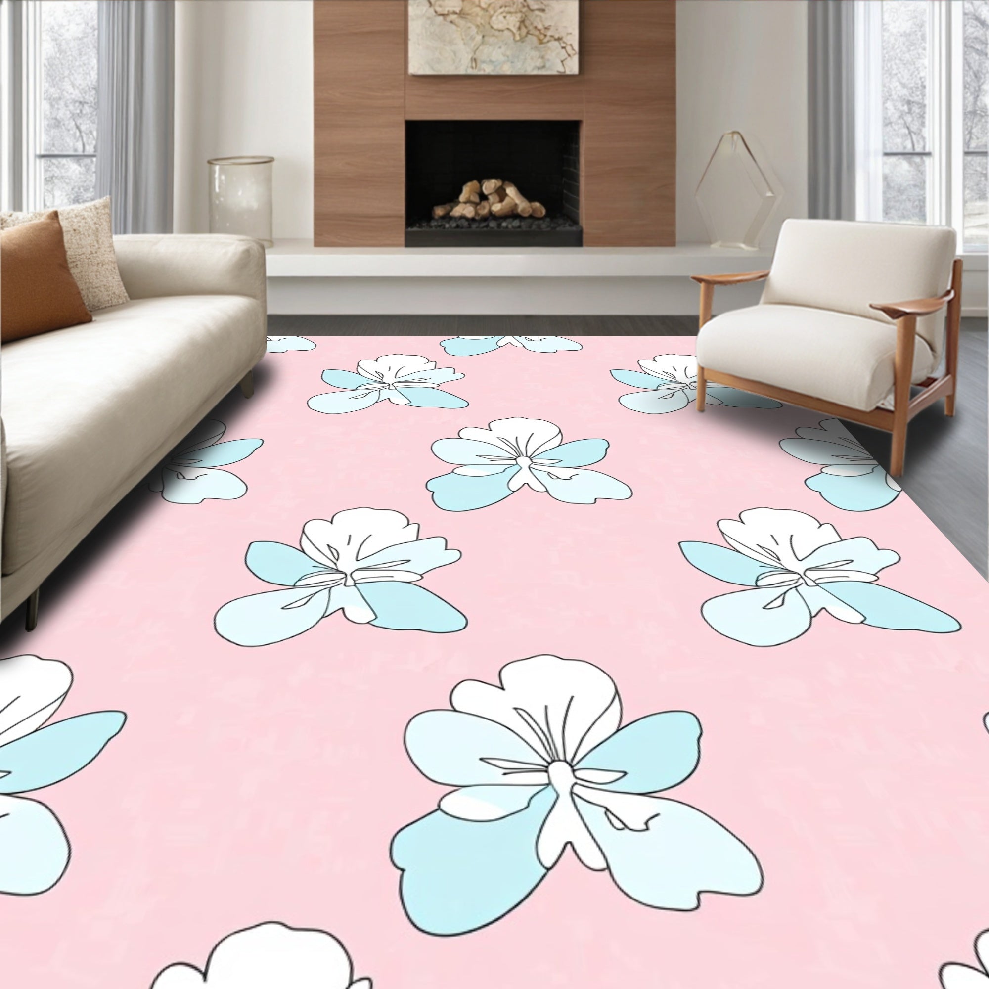 Delicate Blue White Floral Pattern Rug