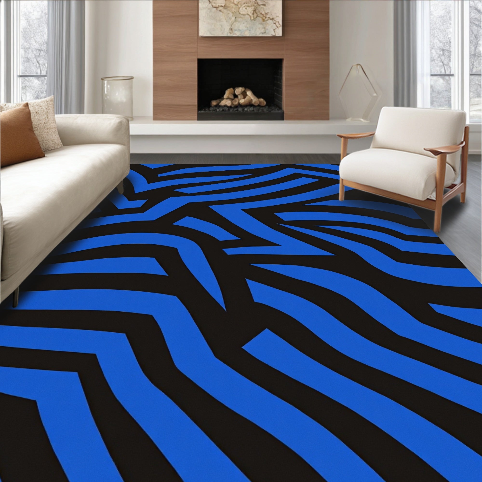 Bold Blue Jagged Stripe Design Rug