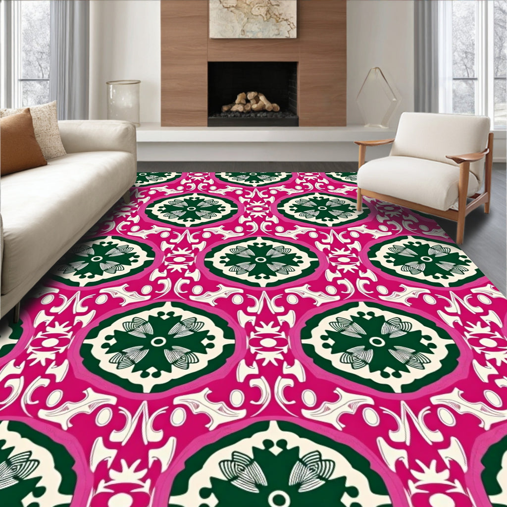 Bold Pink Green Floral Medallion Pattern Rug
