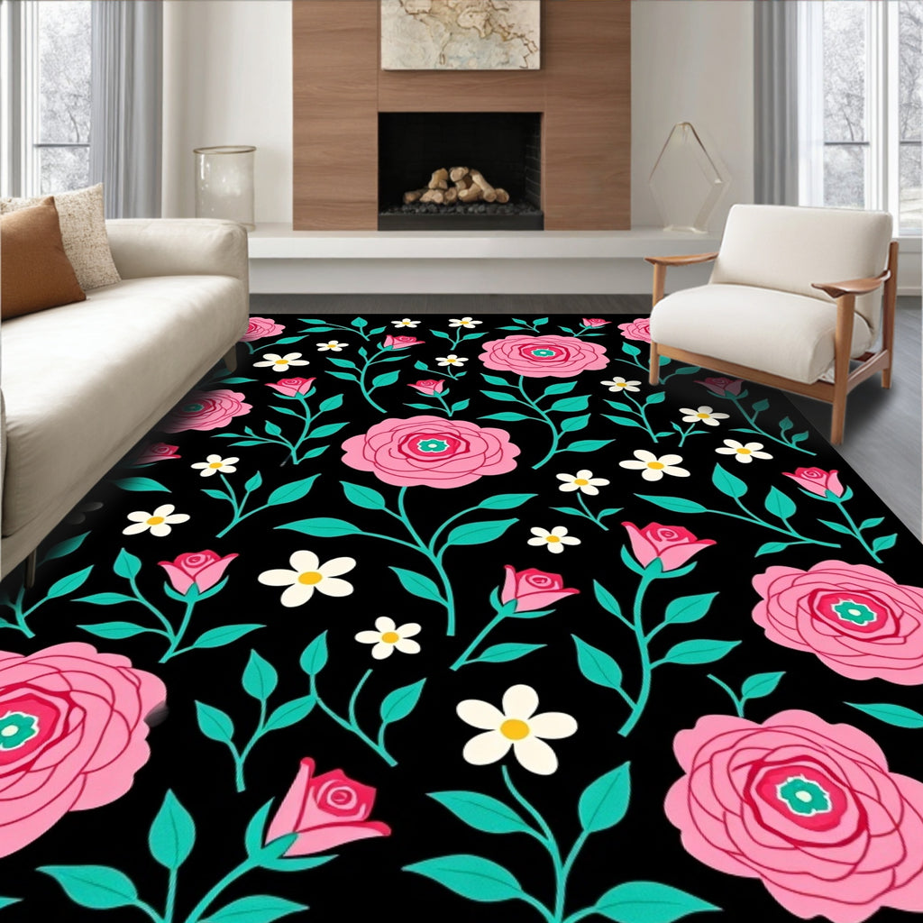 Pink Floral Vines On Black Background Rug