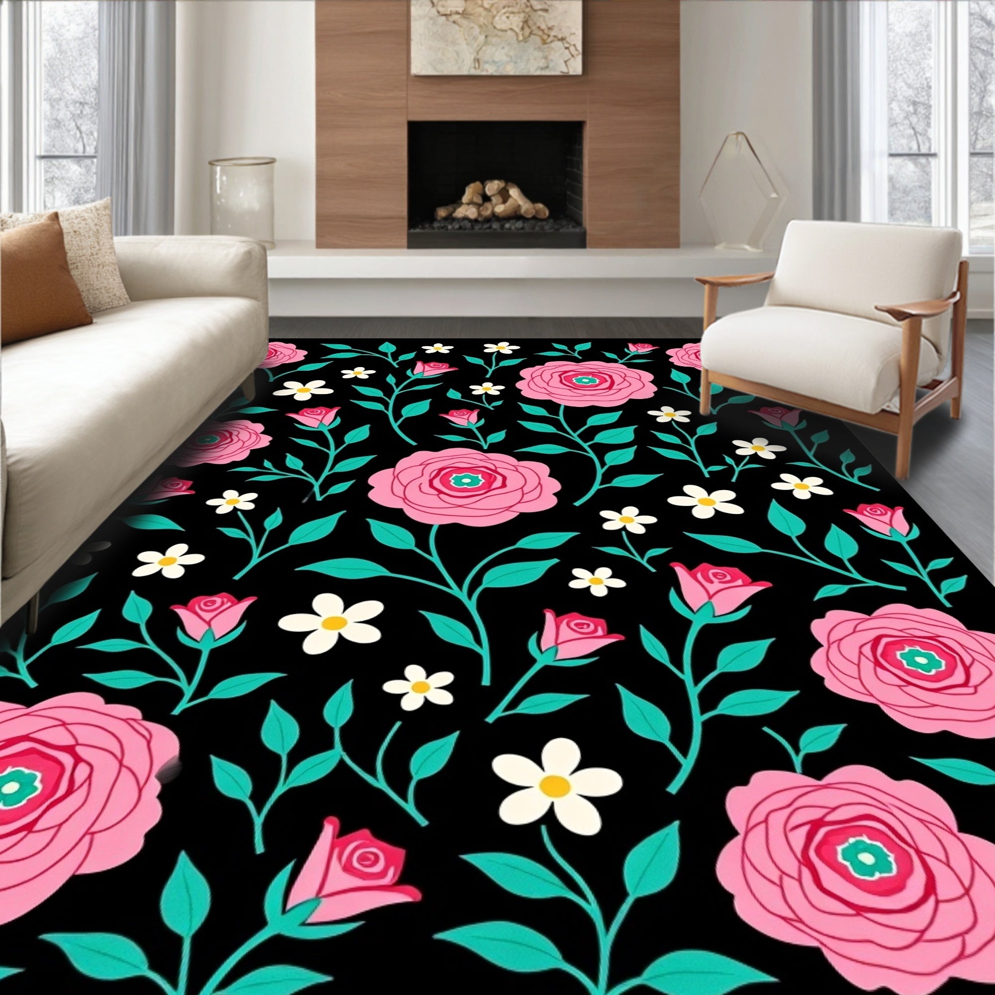 Pink Floral Vines On Black Background Rug