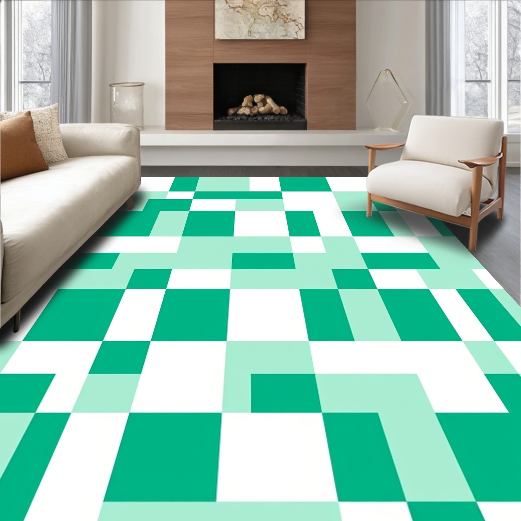 Teal And White Geometric Blocks Rug