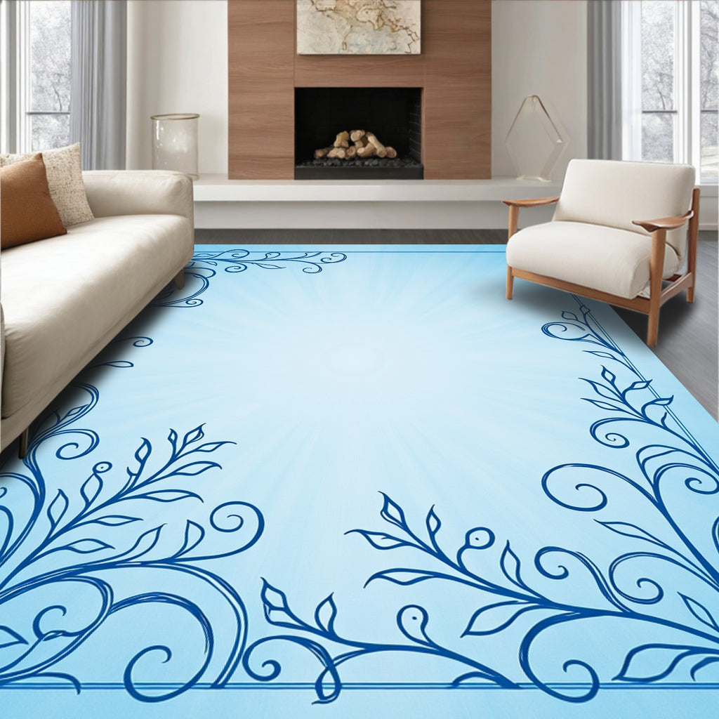 Blue Swirling Floral Ornate Border Design Rug