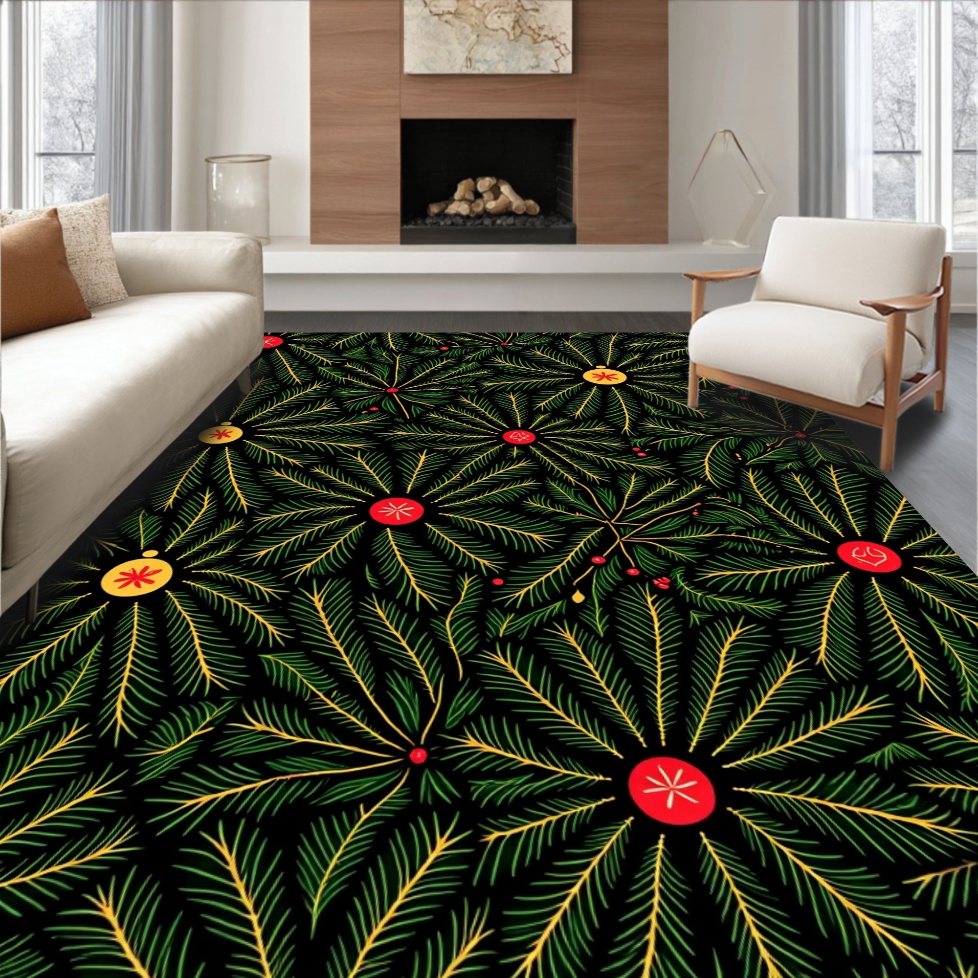 Green Pine Sprigs with Red Yellow Ornaments Rug