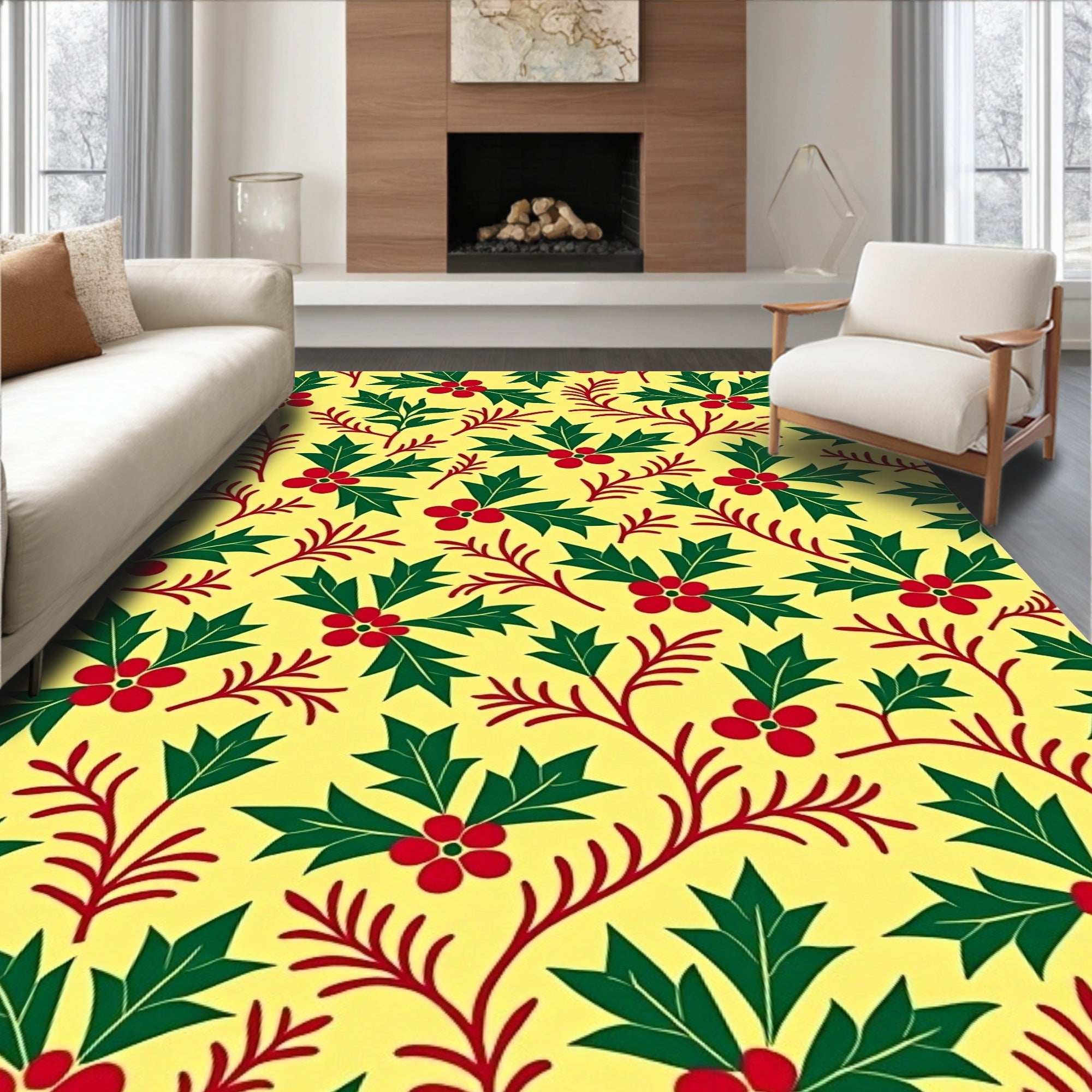 Green Red Holly Berry Pattern Rug