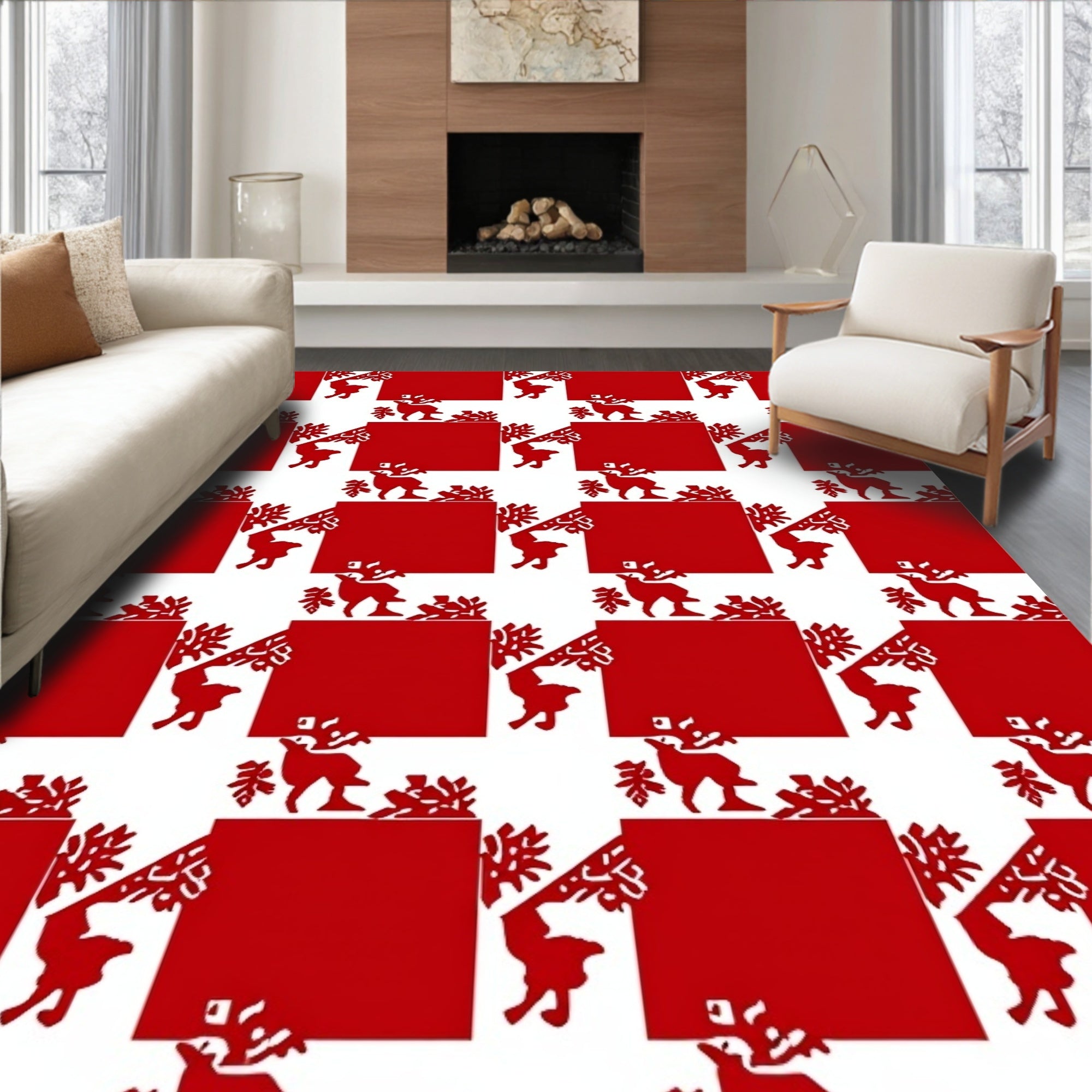 Red Deer And Tree Silhouette Pattern Rug