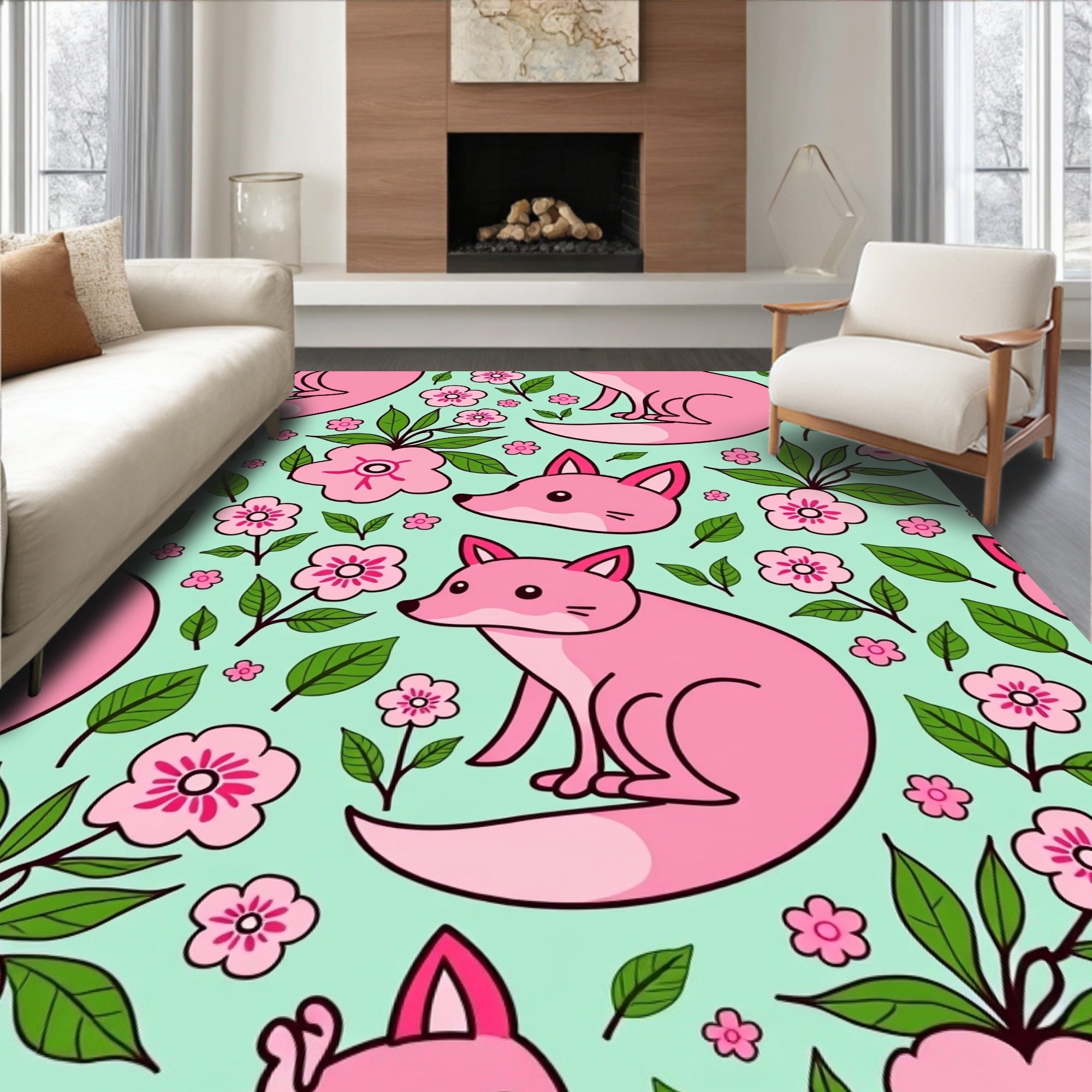Pink Fox Floral Pattern Rug