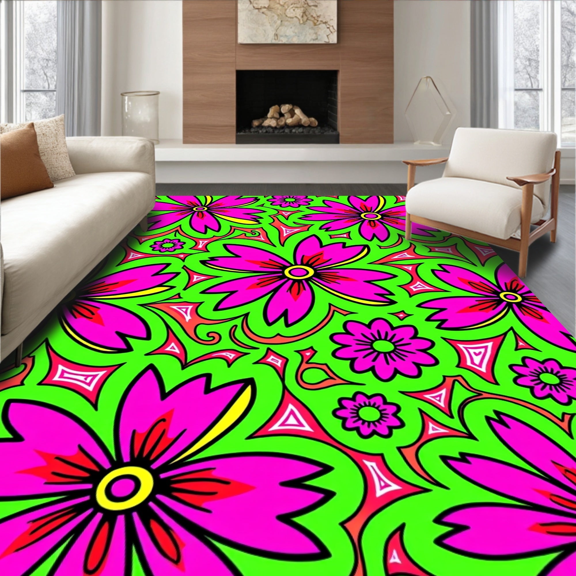 Vibrant Pink Blossom Psychedelic Pattern Rug