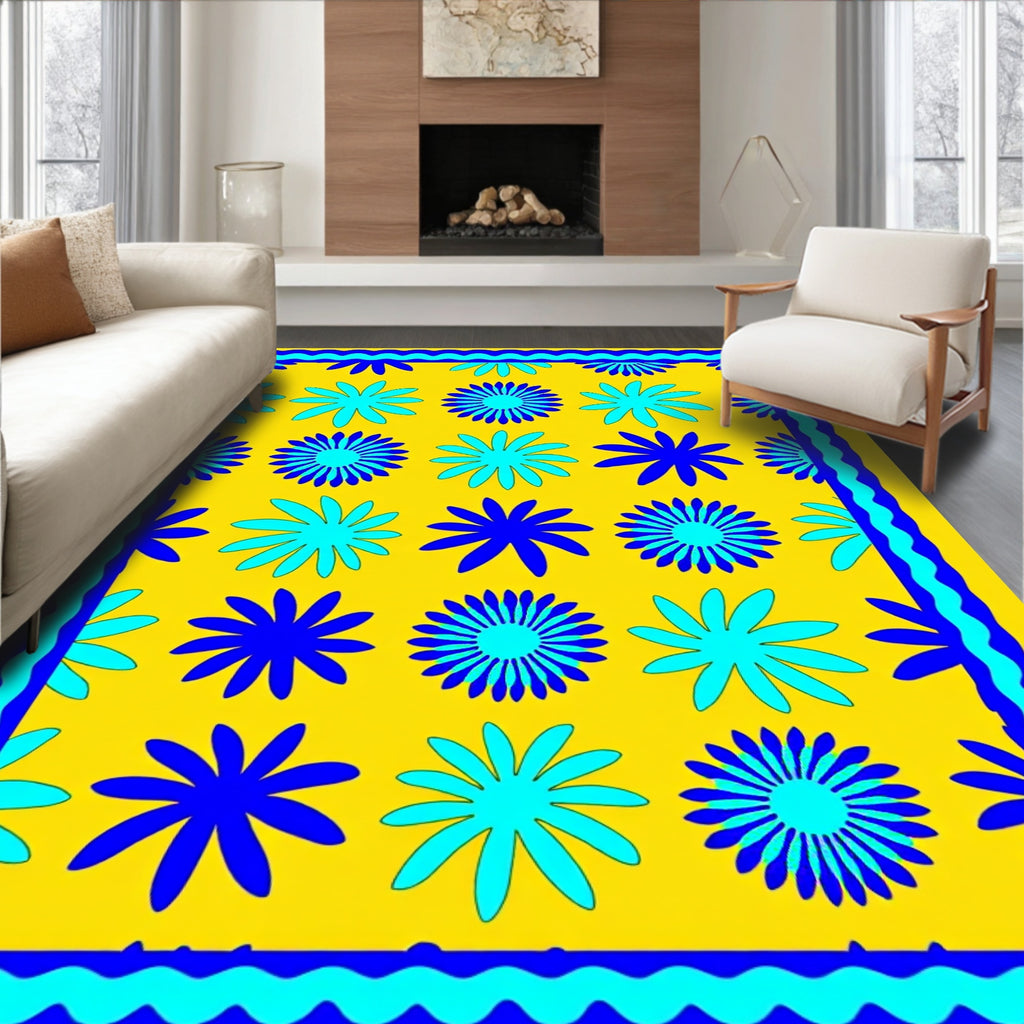 Bright Yellow Floral Pattern Rug