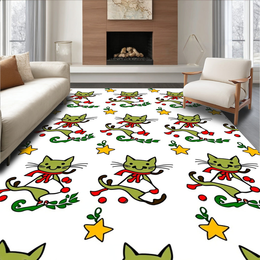 Playful Green Cats with Red Scarves Pattern Rug