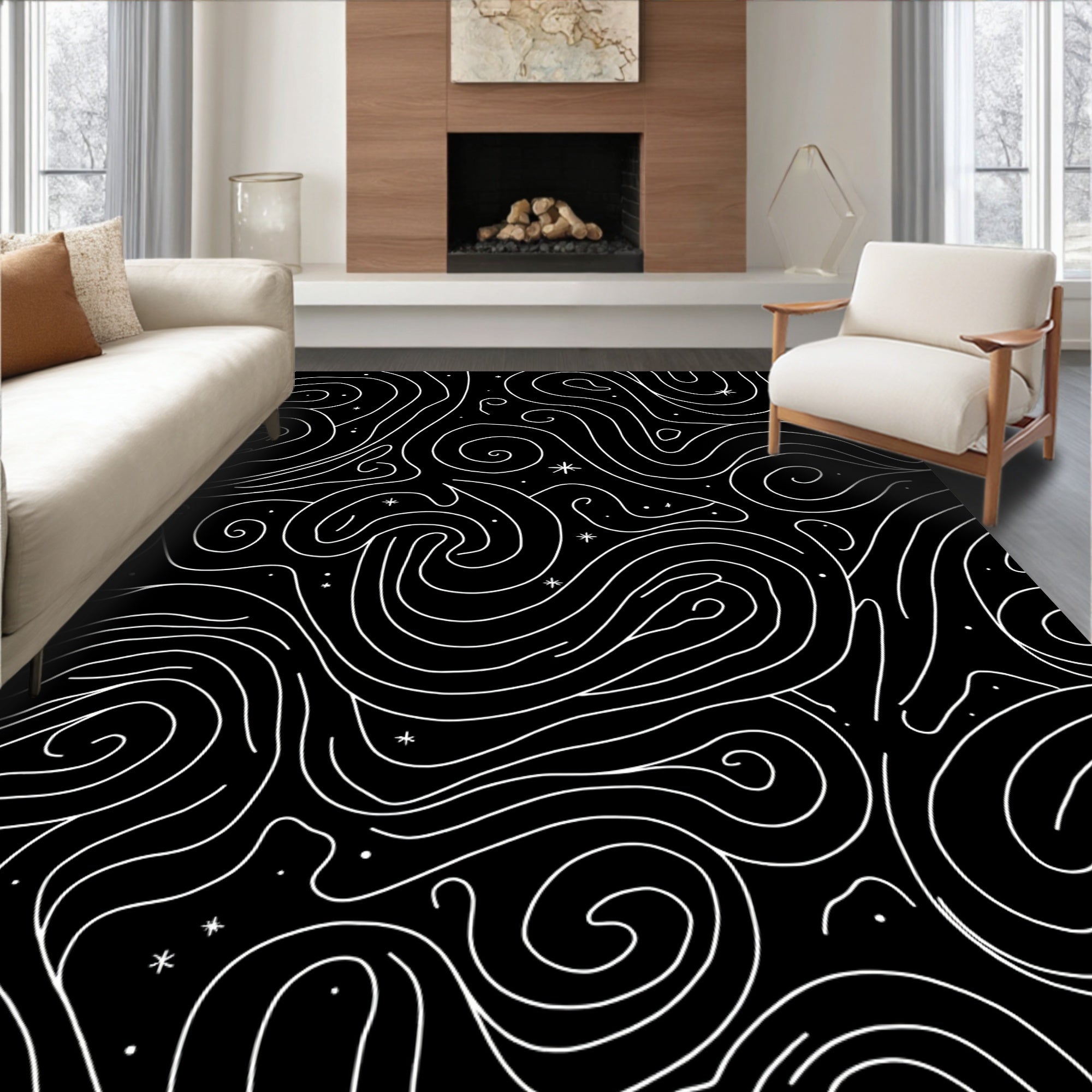 Abstract Swirl Black White Pattern Rug