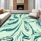 Abstract Teal Swirls on Light Green Rug