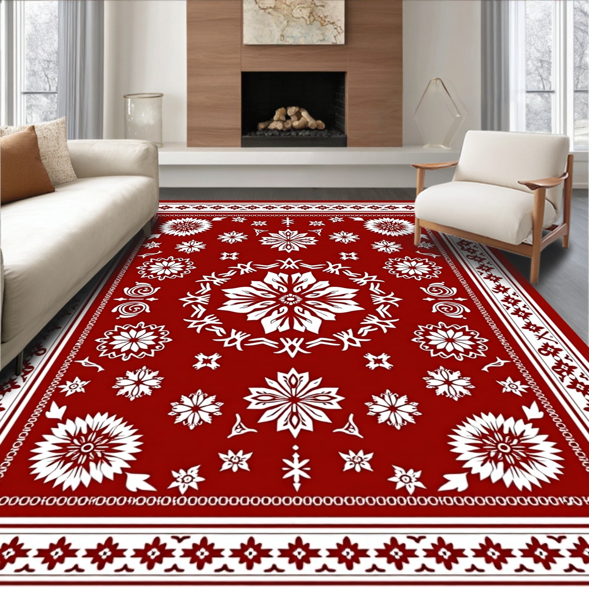 Red White Floral Mandala Pattern Rug