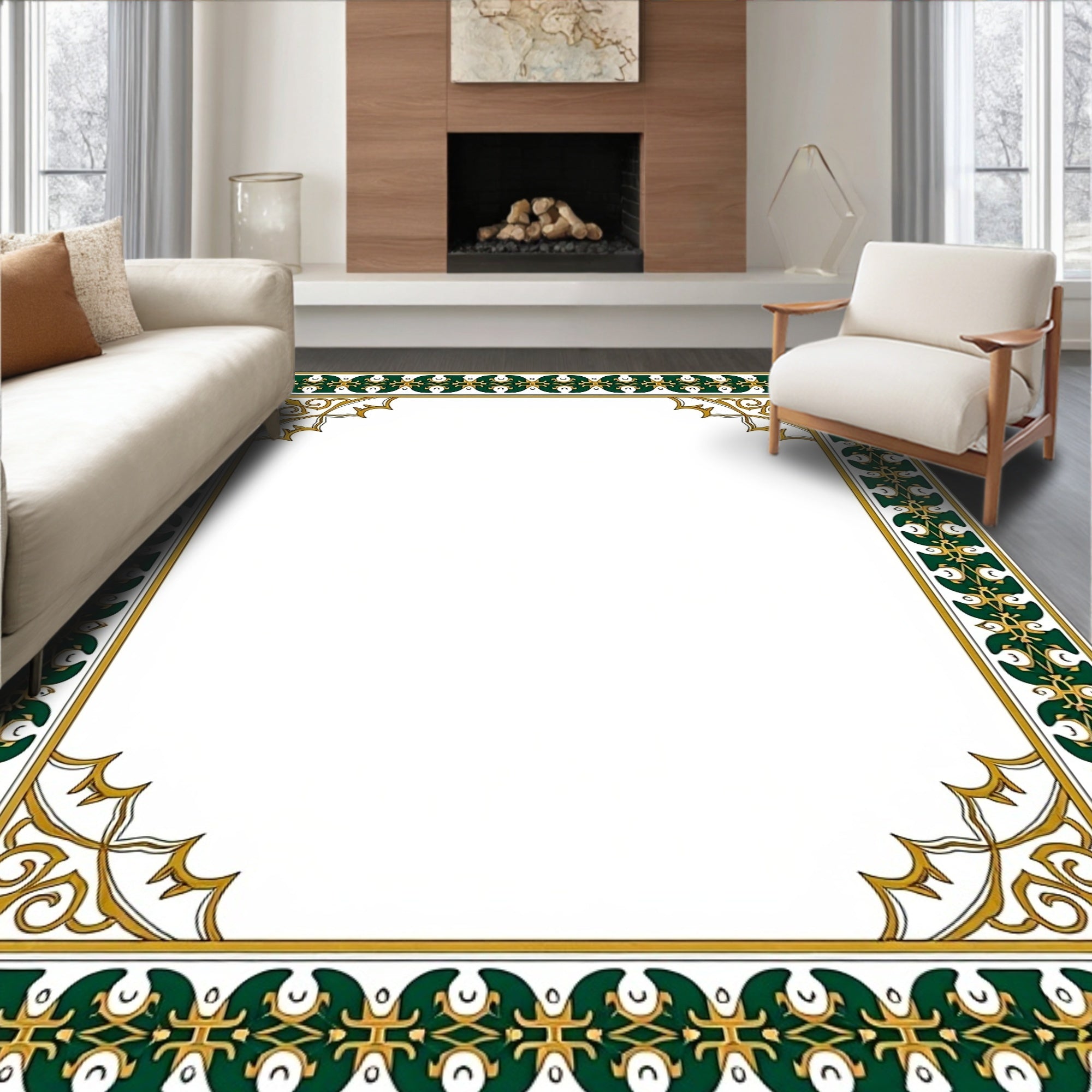 Ornate Green Gold Decorative Border Rug