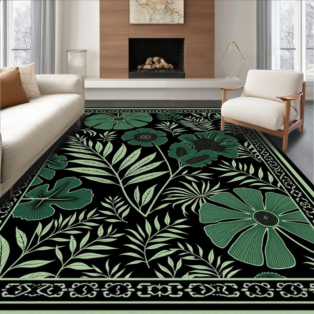 Emerald Green Floral Foliage Border Rug