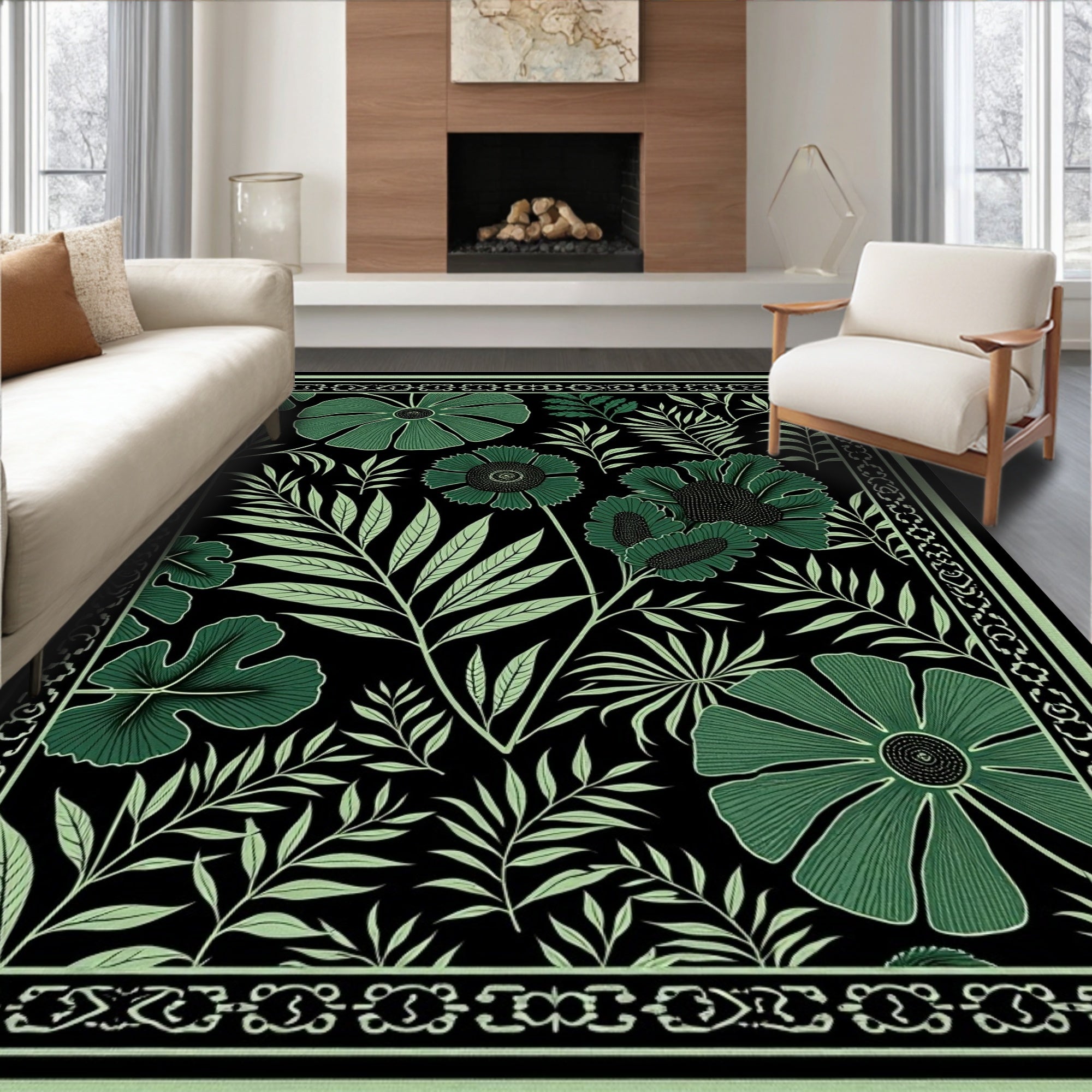 Emerald Green Floral Foliage Border Rug