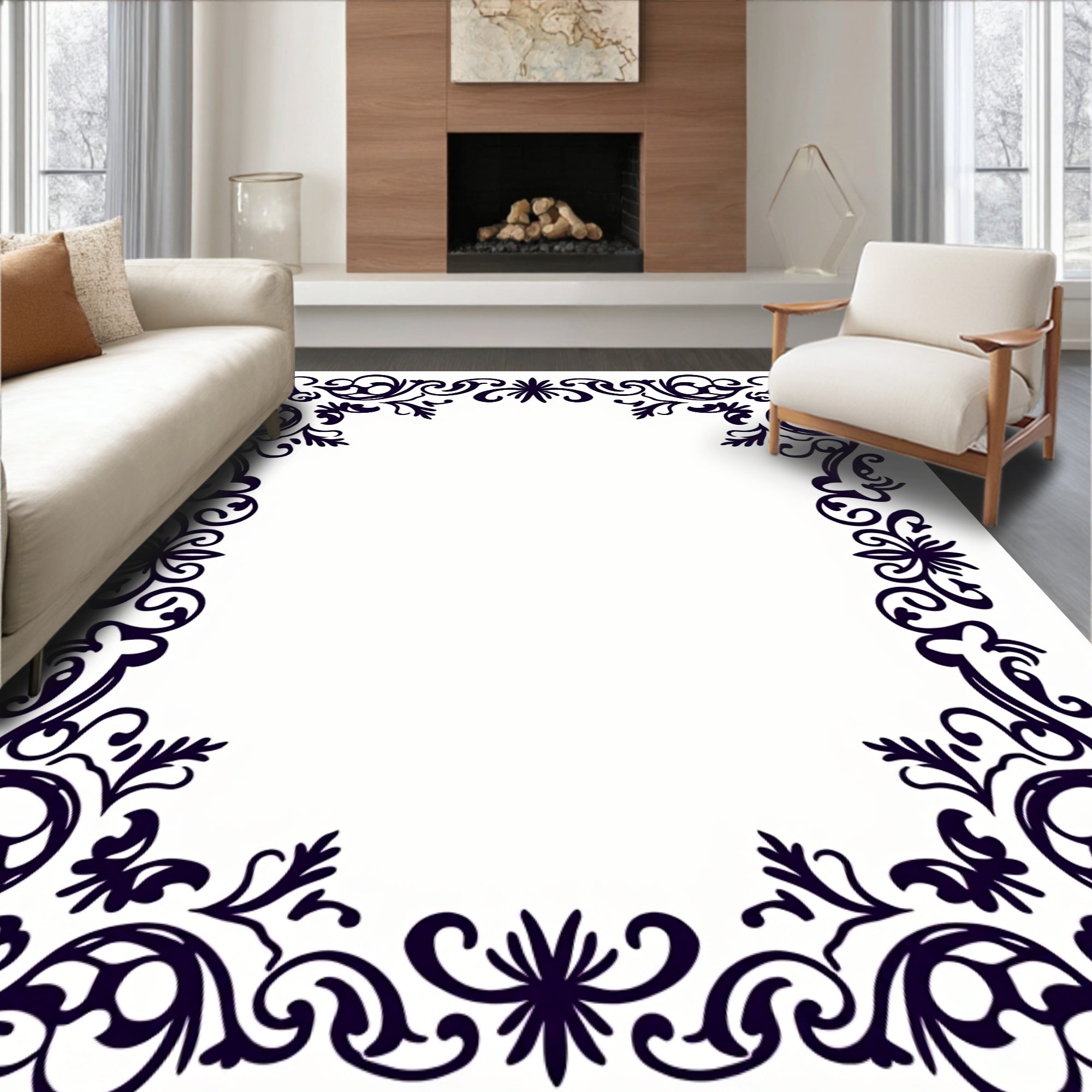 Elegant Dark Floral Scrollwork Lace Rug
