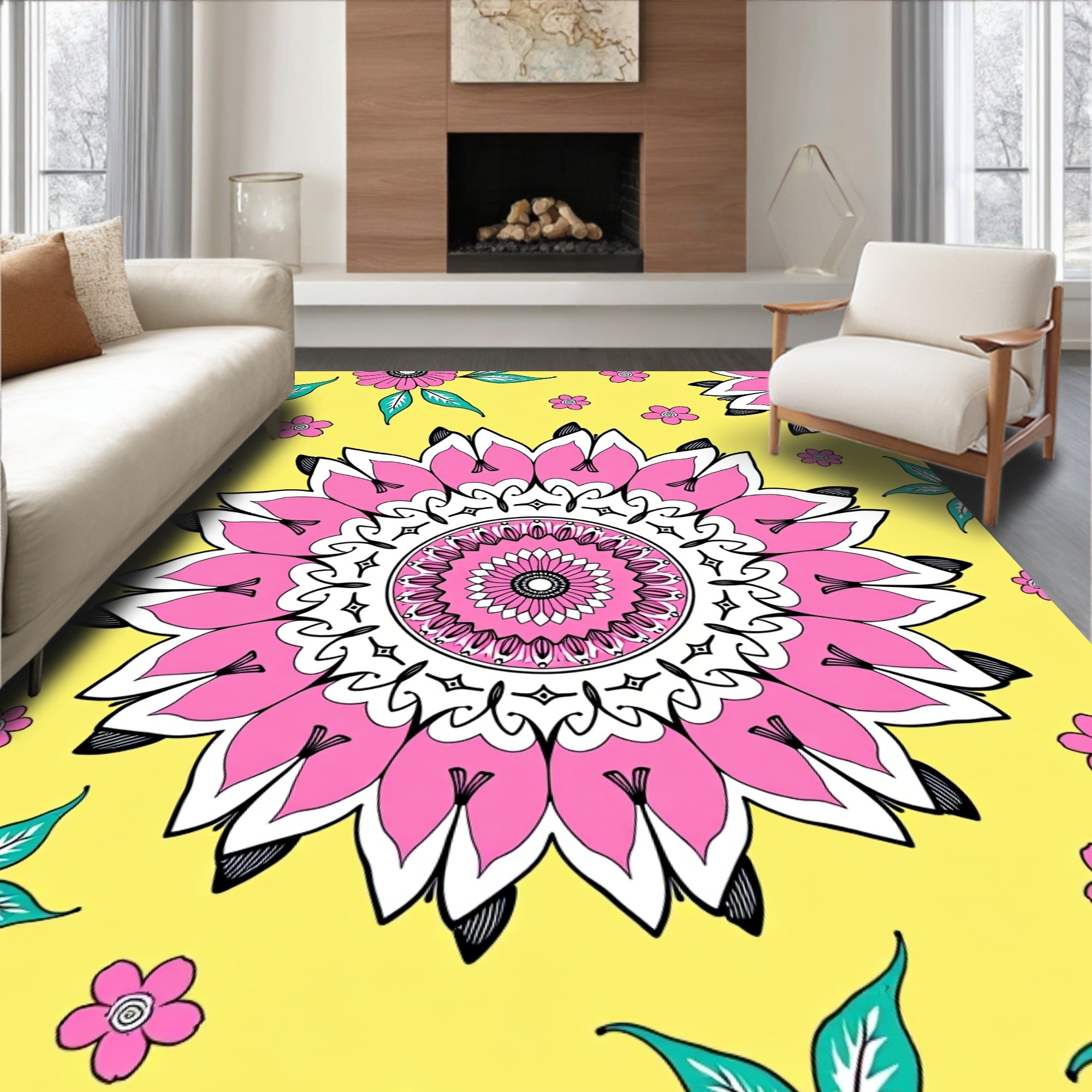 Bright Pink Mandala Flower Pattern Rug