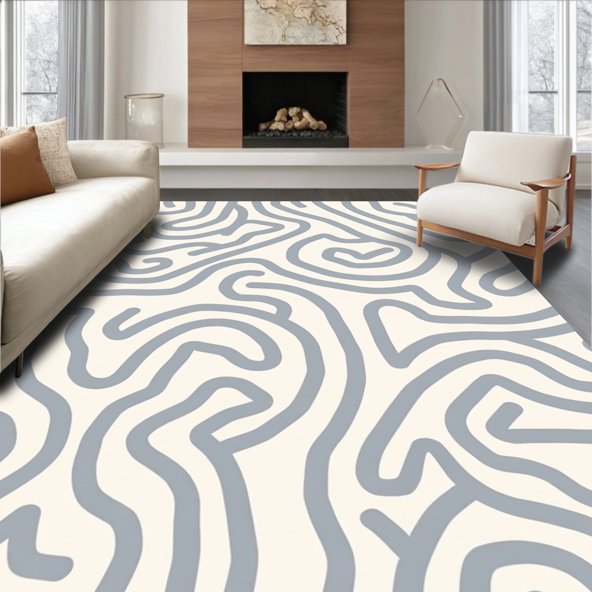 Curving Lines Abstract Gray Pattern Rug