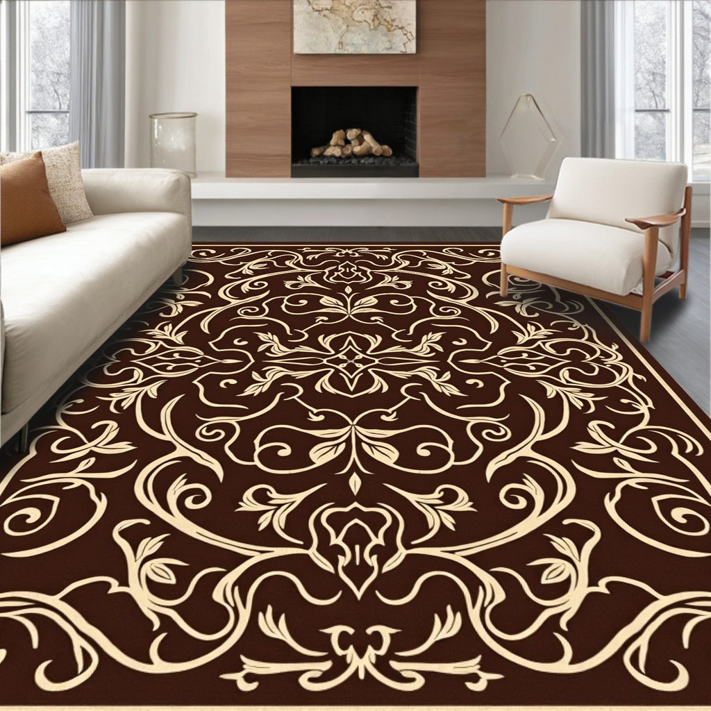Rich Brown Floral Scroll Pattern Rug