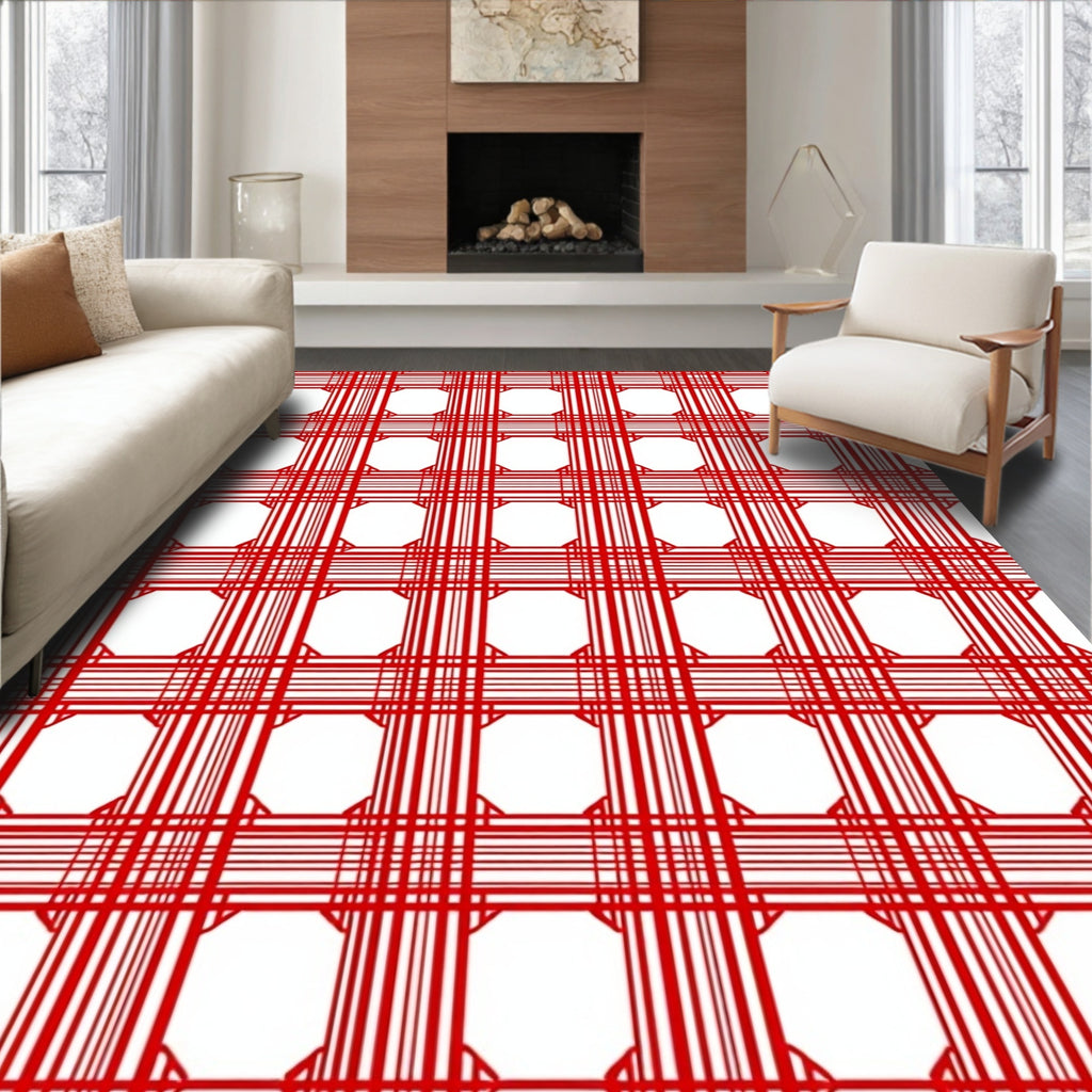 Symmetric Red Line Pattern Rug