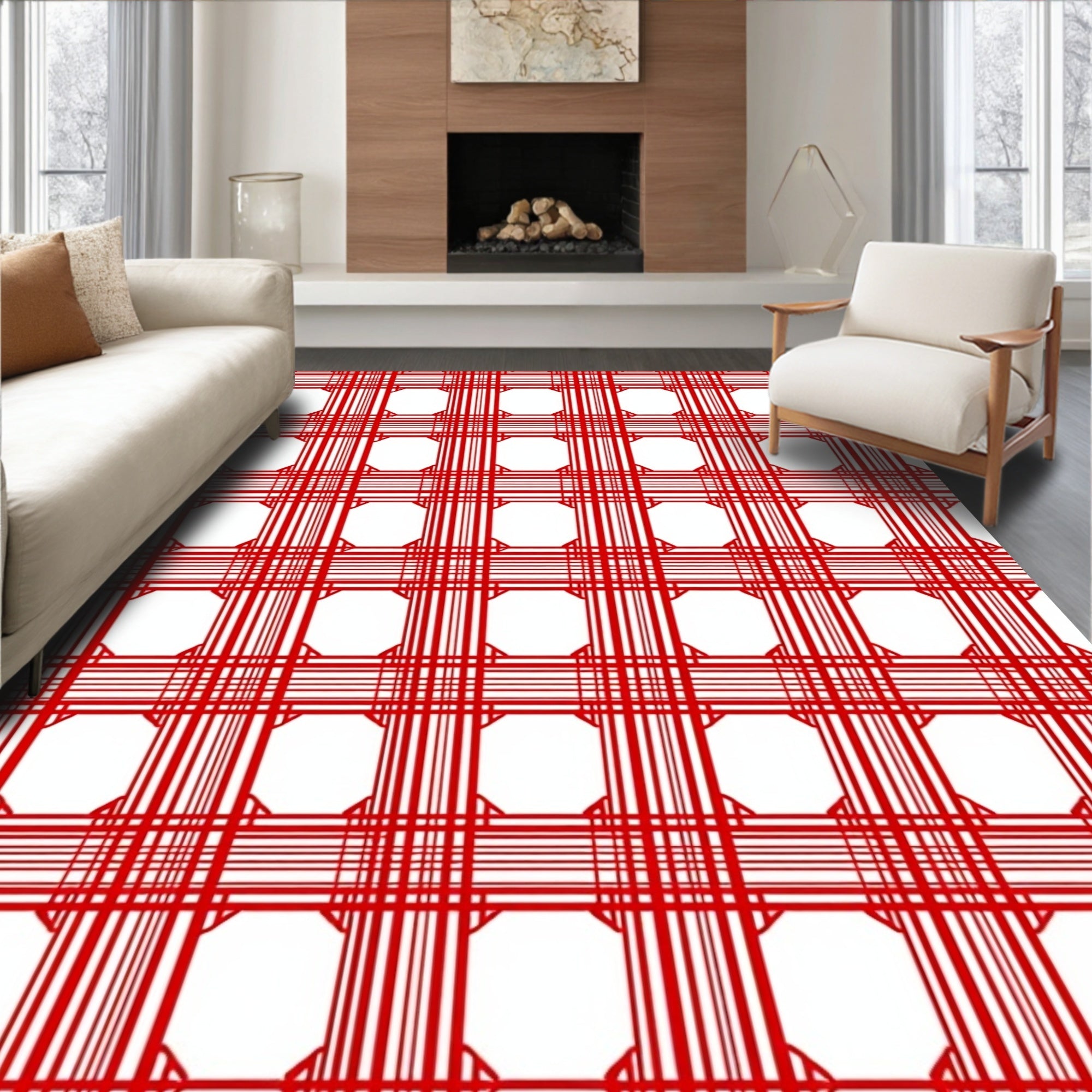 Symmetric Red Line Pattern Rug
