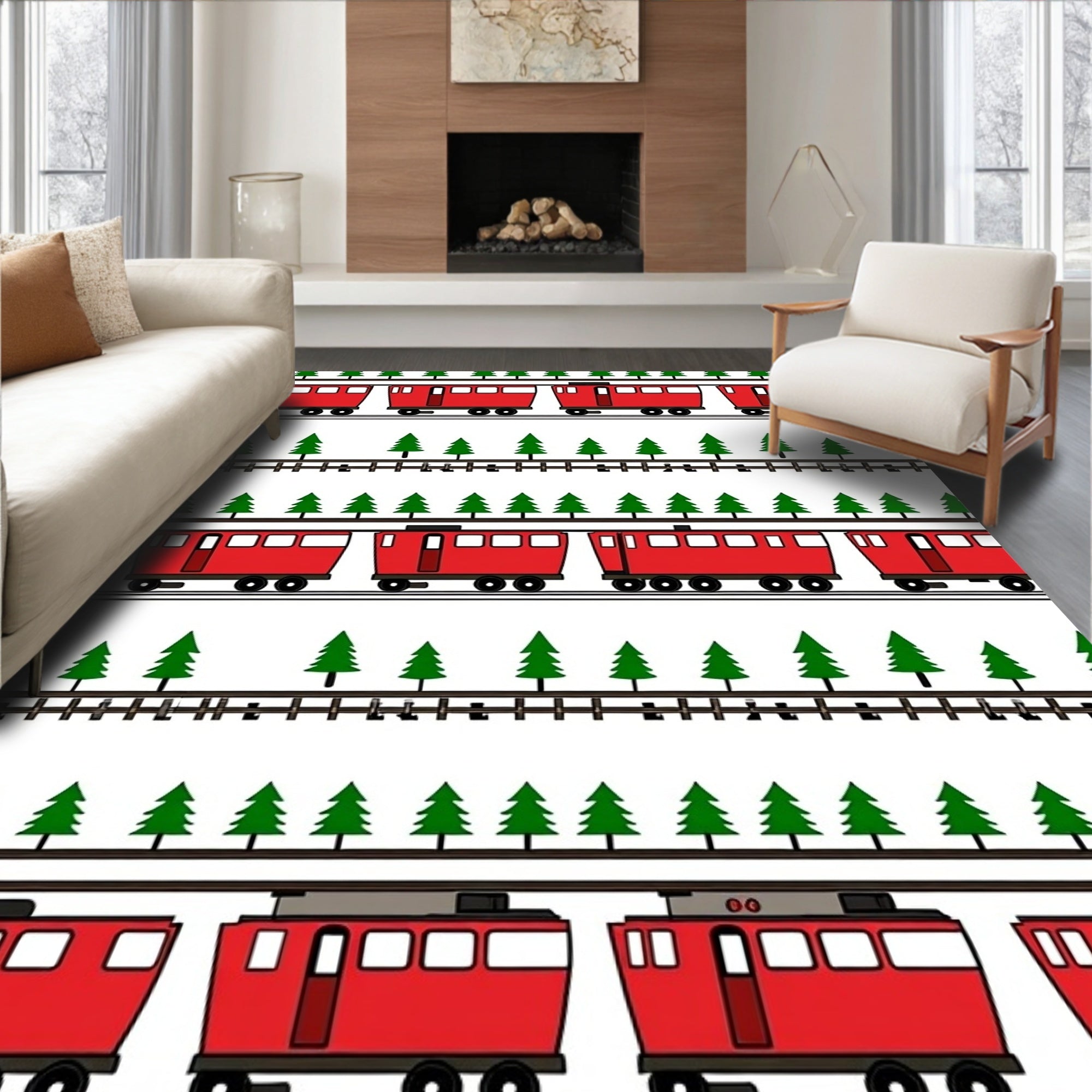 Red Train Tree Track Repeating Pattern Rug