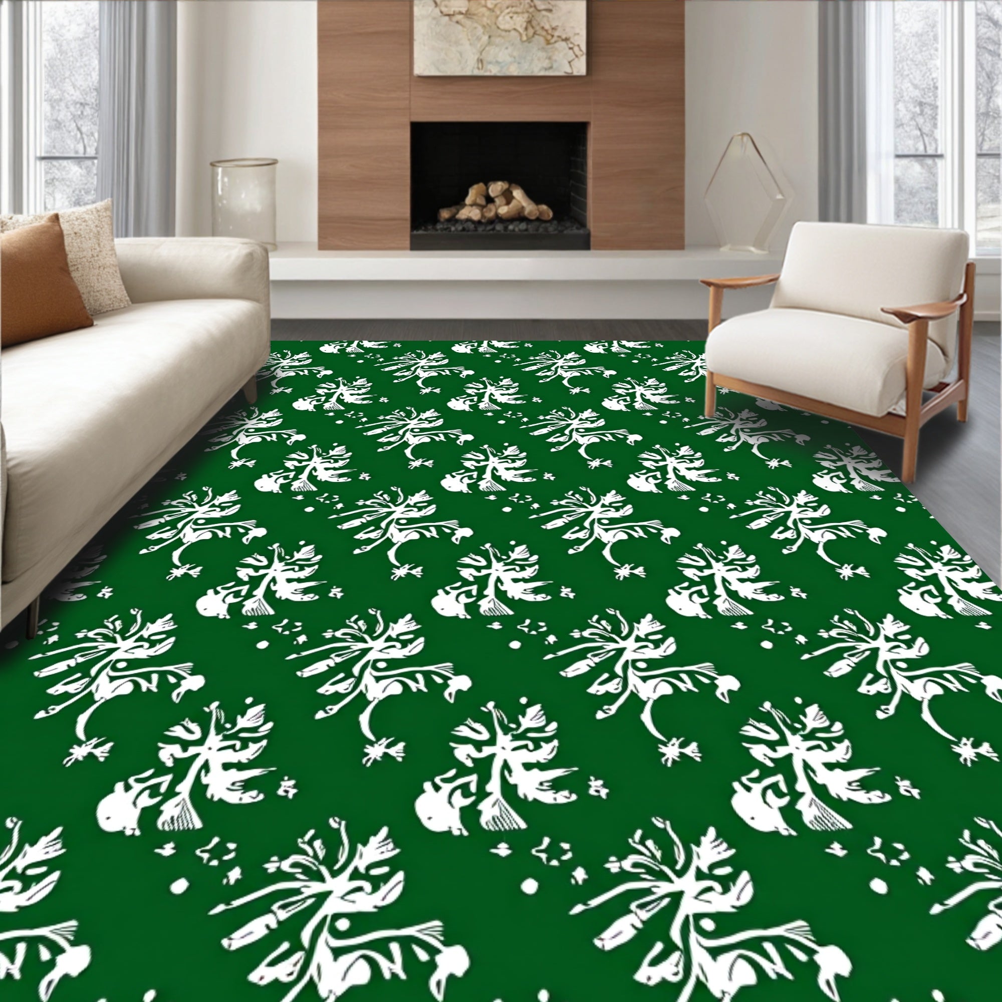 Abstract White Floral Patterned Rug