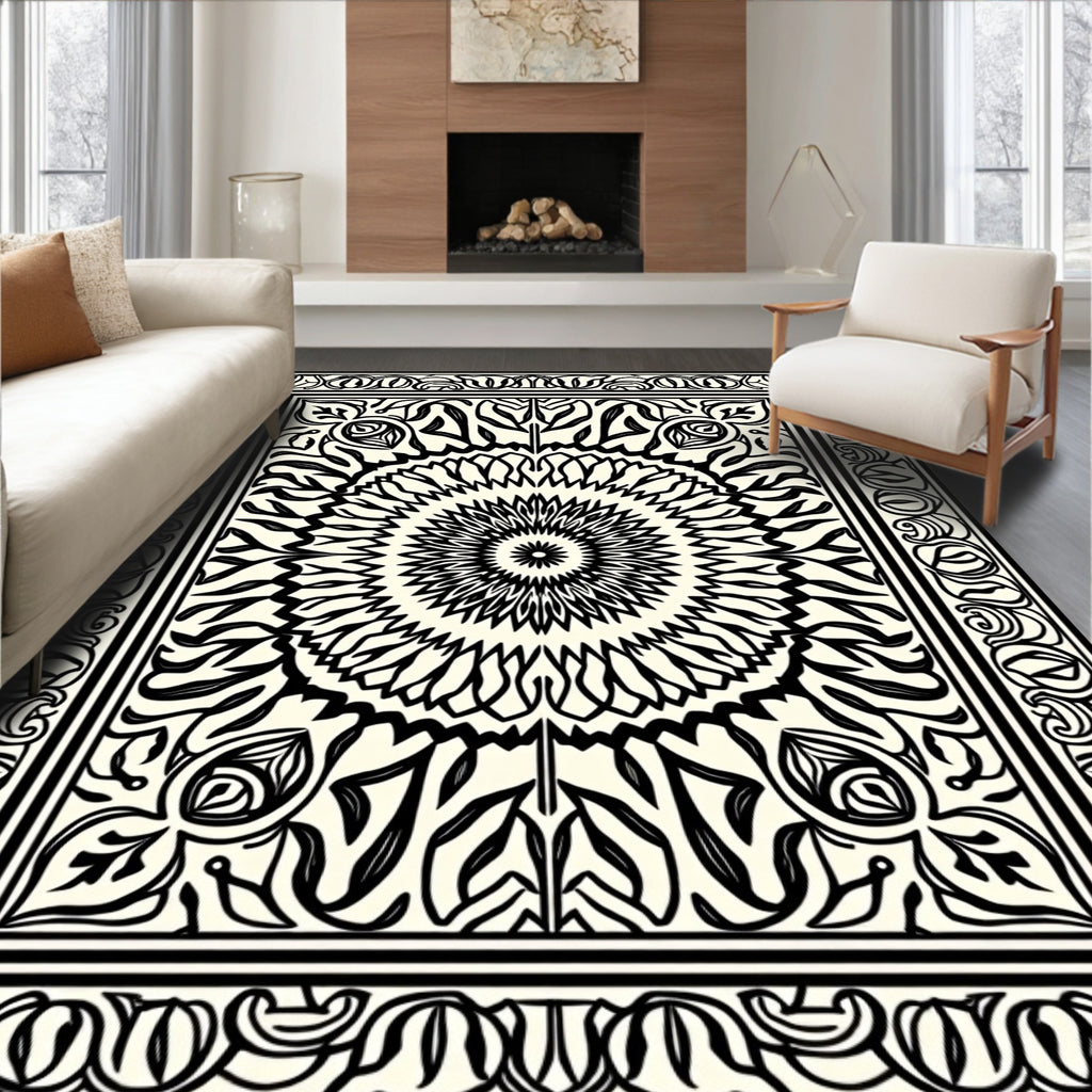 Black and White Mandala Scrollwork Rug