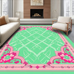 Vibrant Pink Floral Green Lattice Design Rug