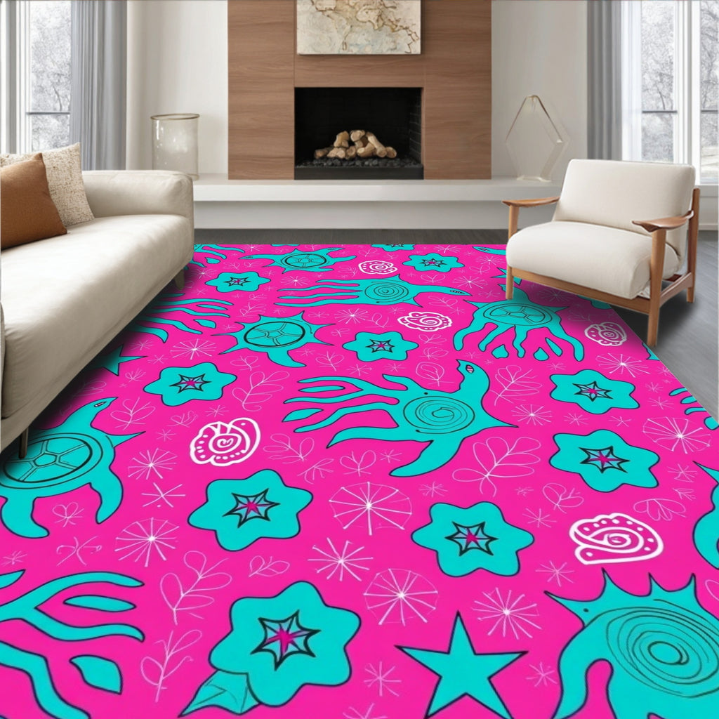 Whimsical Teal Creatures Flowers Design Rug