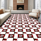 Red White Geometric Square Pattern Rug