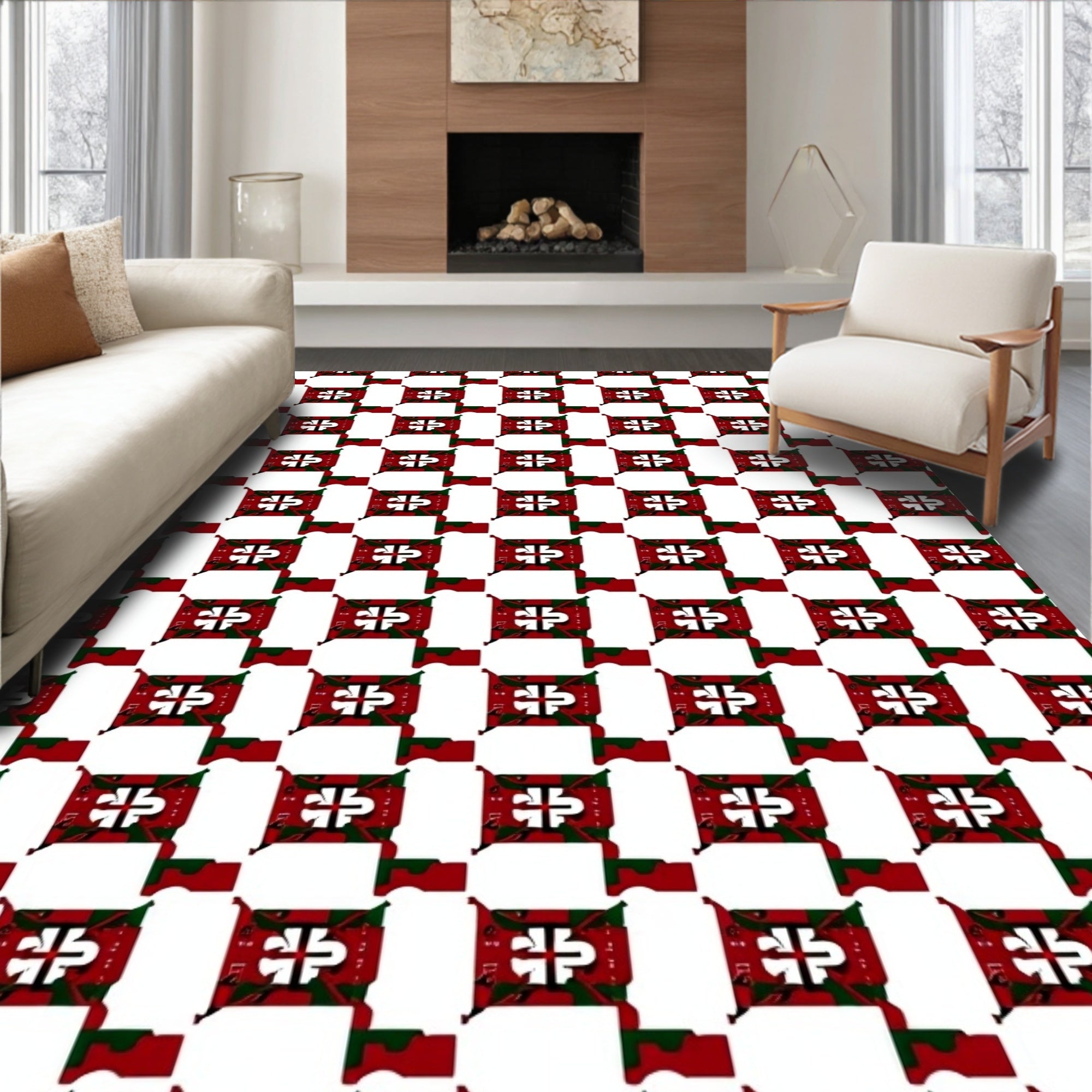 Red White Geometric Square Pattern Rug