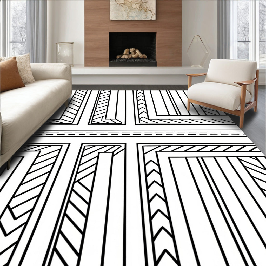 Geometric Striped Labyrinth Line Art Rug