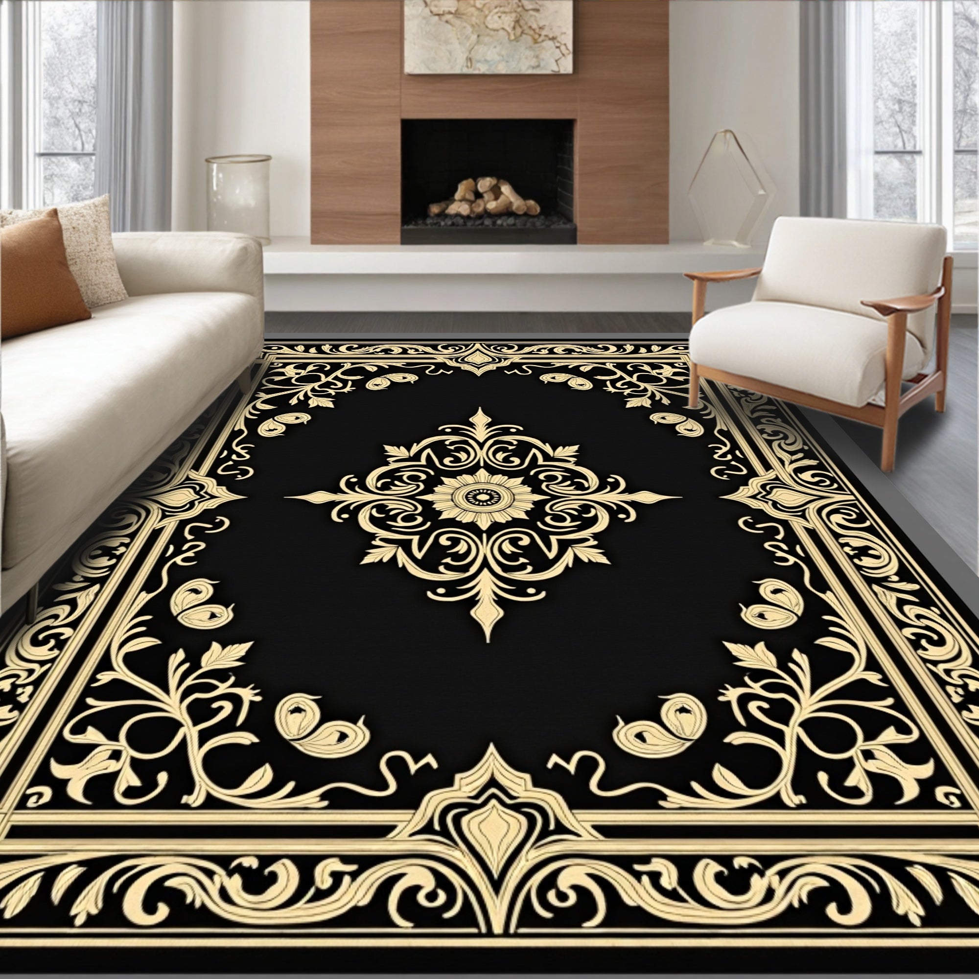 Ornate Floral Medallion Black Gold Rug