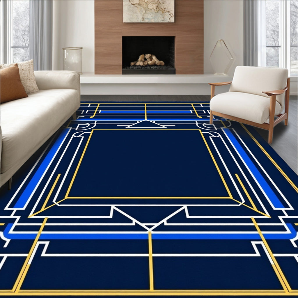 Navy Blue Geometric Lines Rug