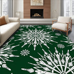 White Snowflake Patterned Dark Green Tile Rug