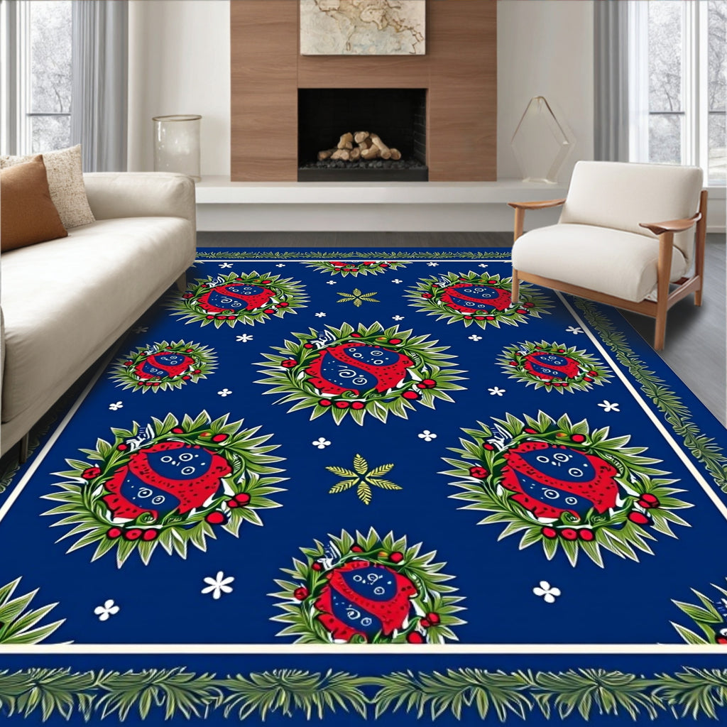 Deep Blue Red Green Floral Wreath Rug