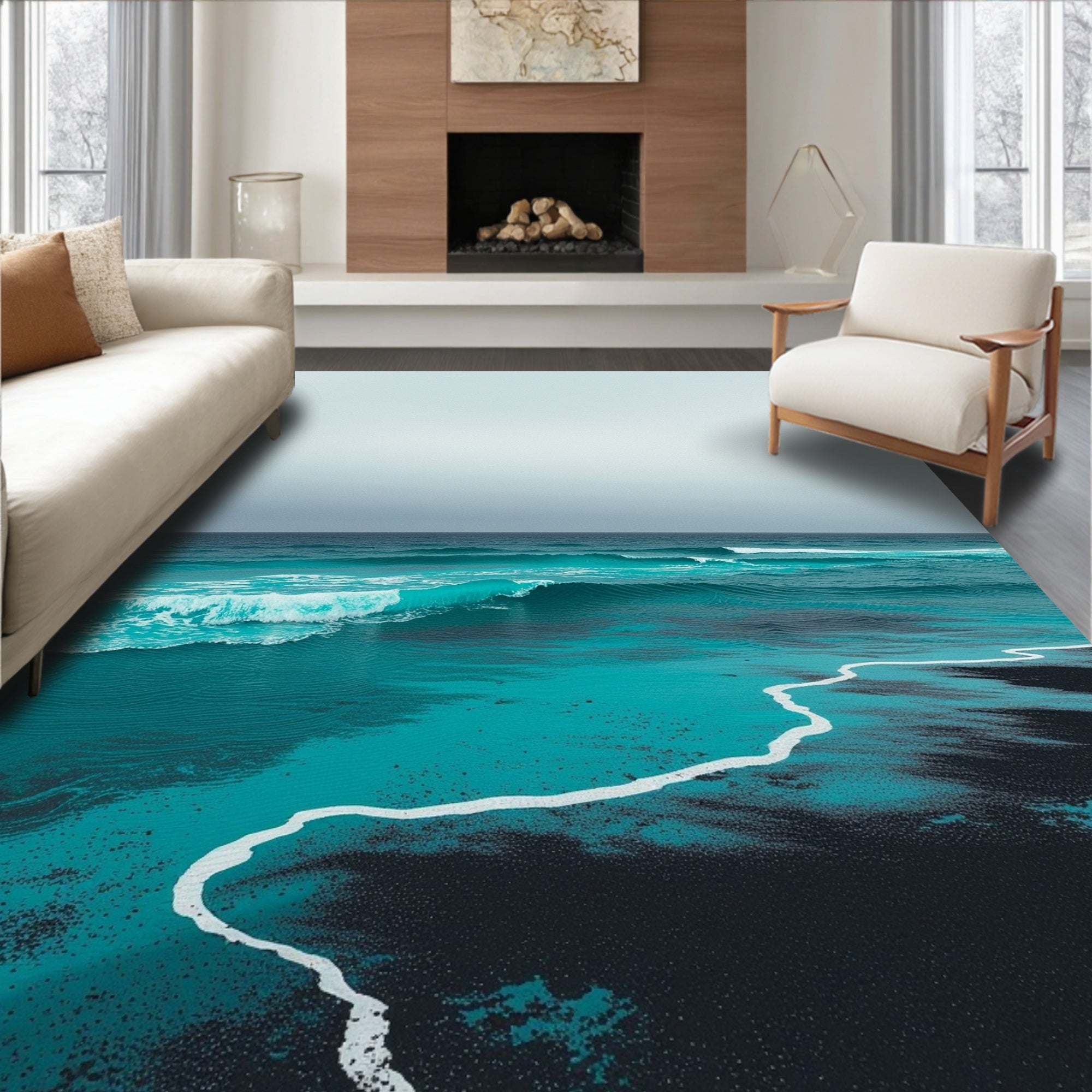 Turquoise Ocean Wave Pattern Design Rug