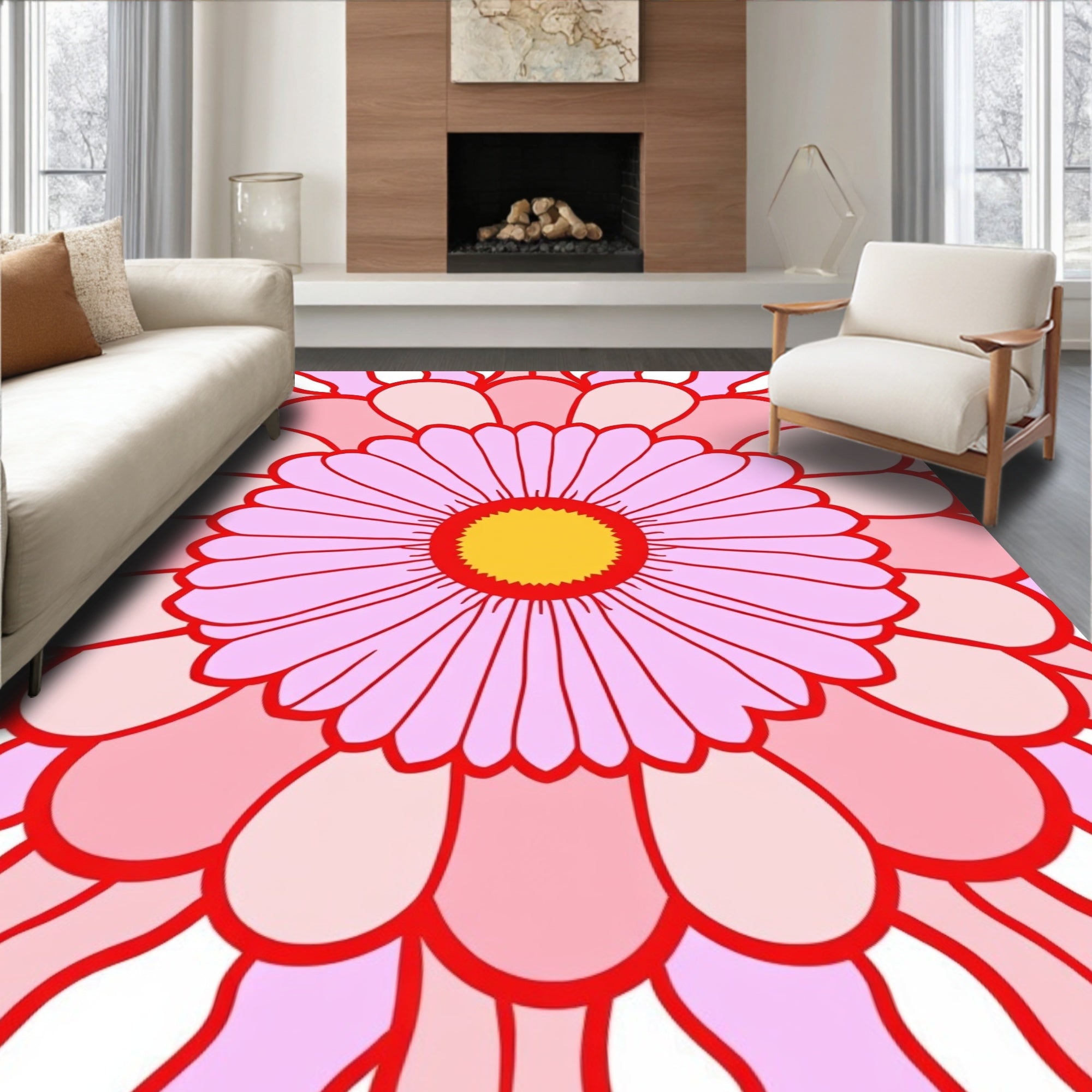 Pink Daisy Floral Mandala Rug