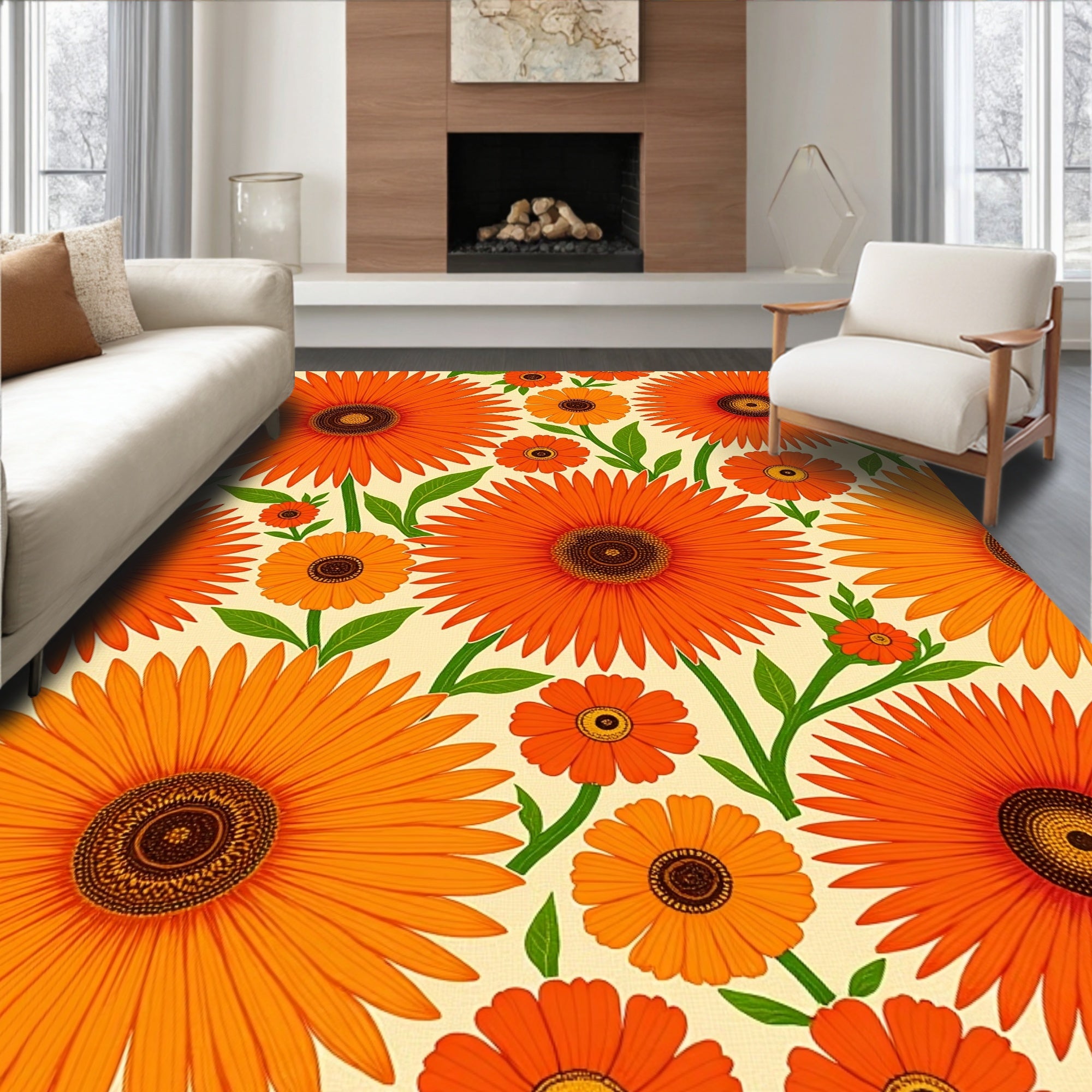 Retro Orange Daisy Floral Pattern Rug