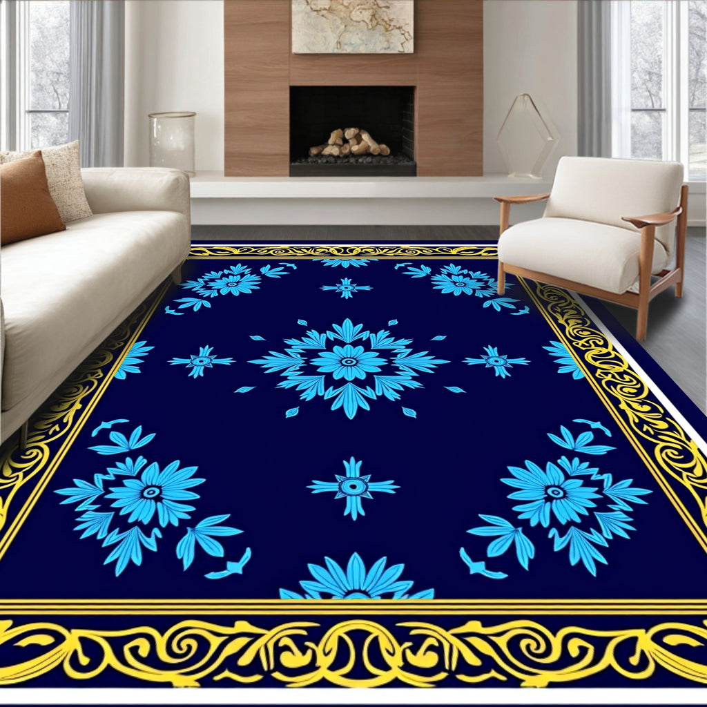Blue Floral Medallion Border Design Rug