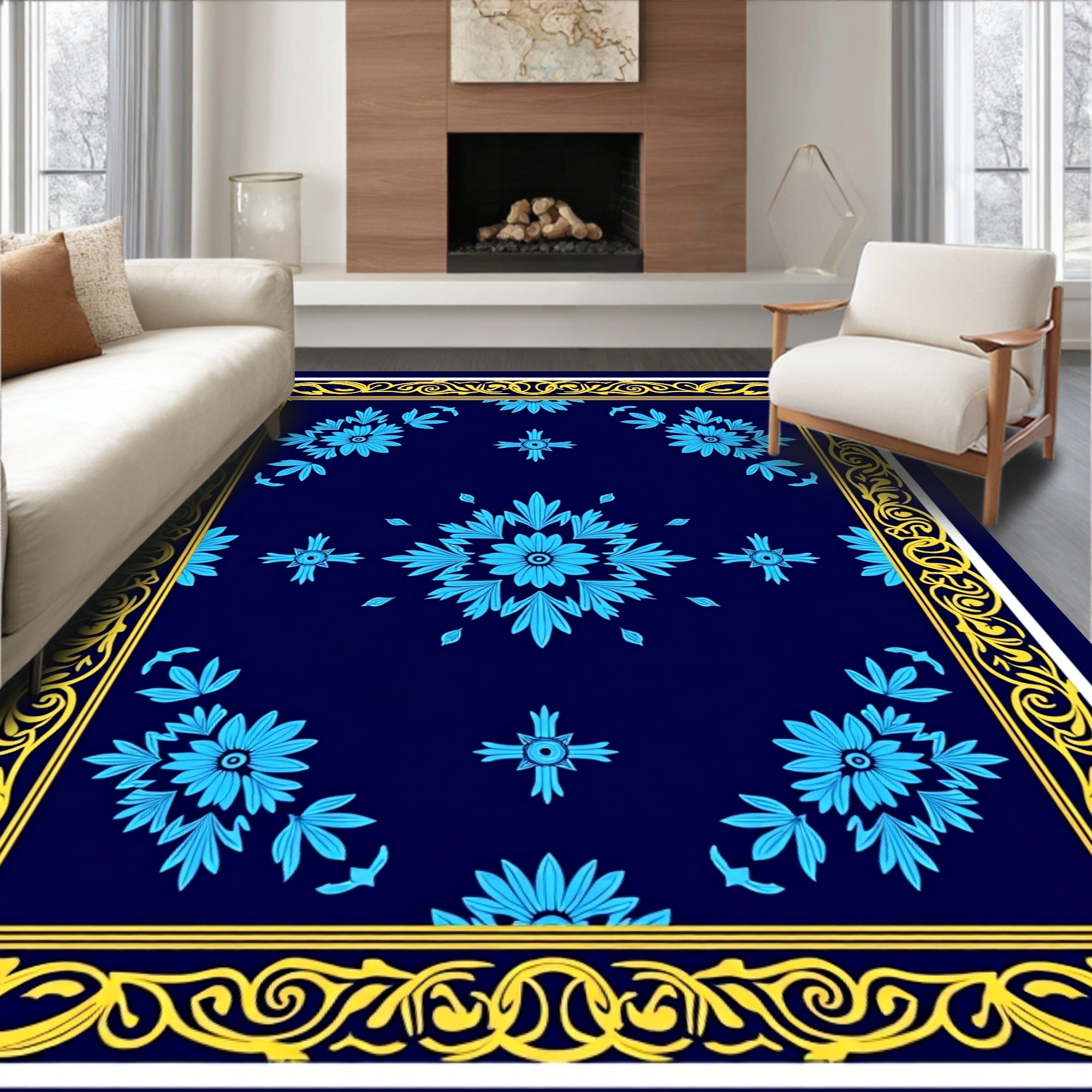 Blue Floral Medallion Border Design Rug