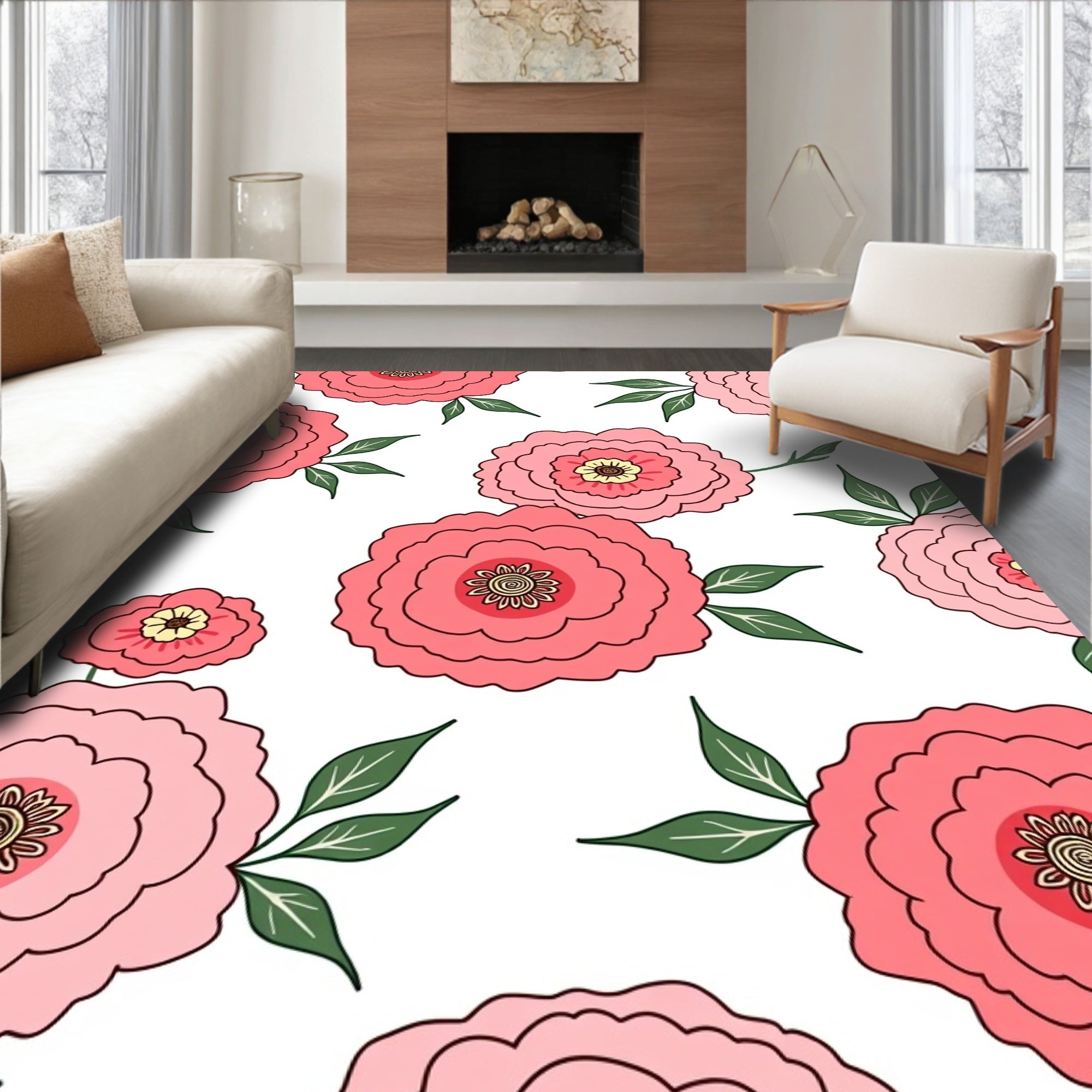 Pink Peony Garden Floral Pattern Rug