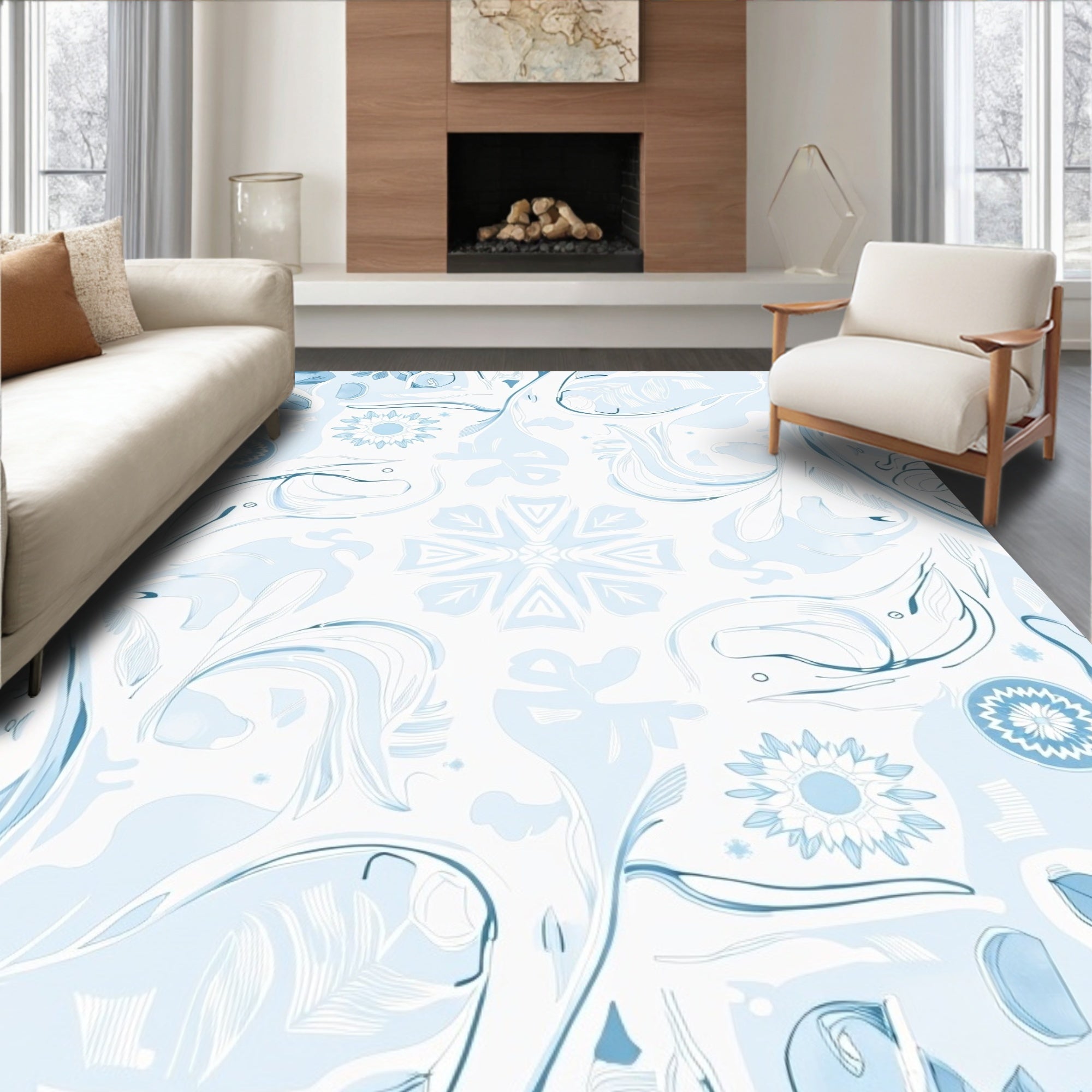 Soft Blue Abstract Floral Swirl Rug