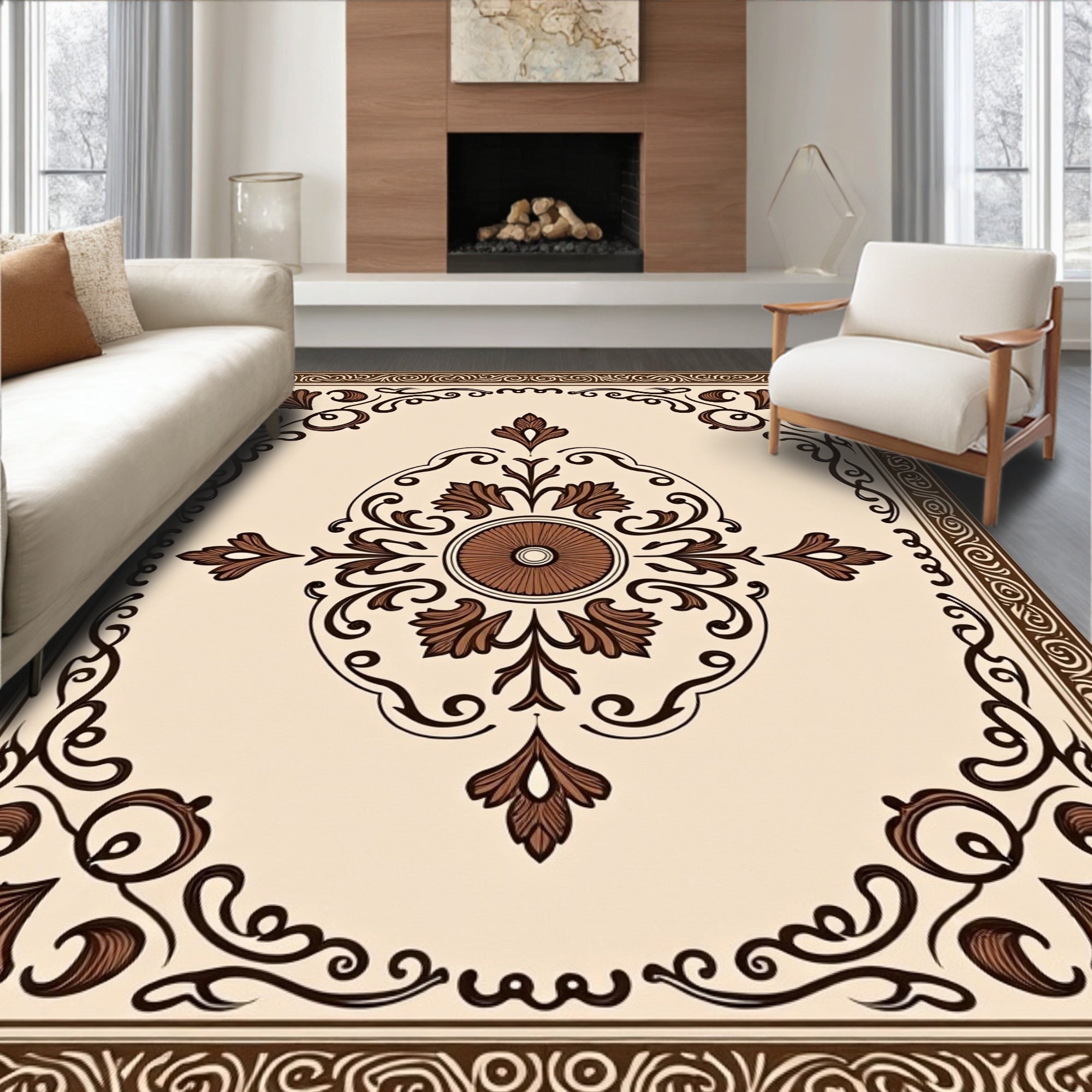 Traditional Brown Floral Center Medallion Rug
