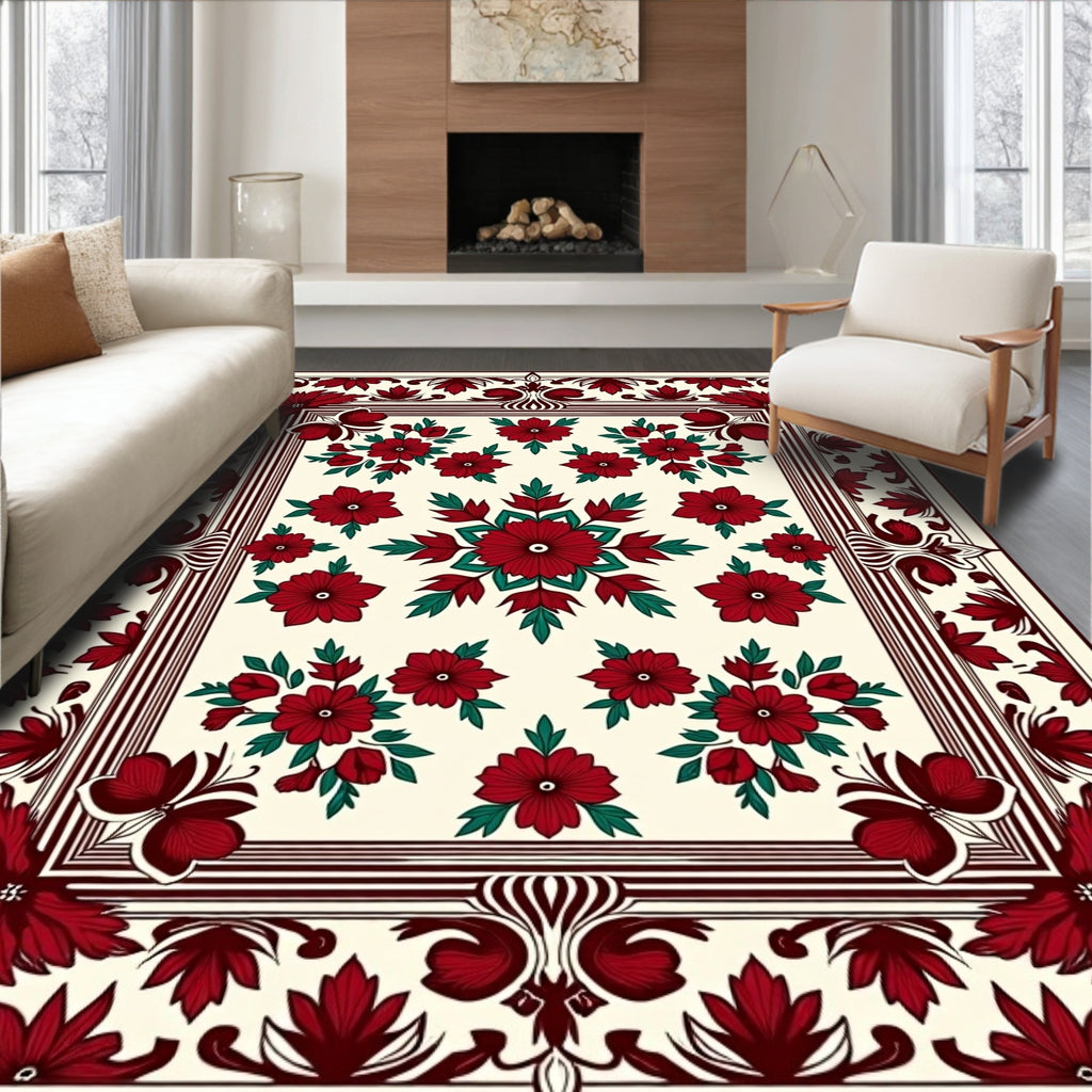 Crimson Floral Mandala Patterned Textile Rug