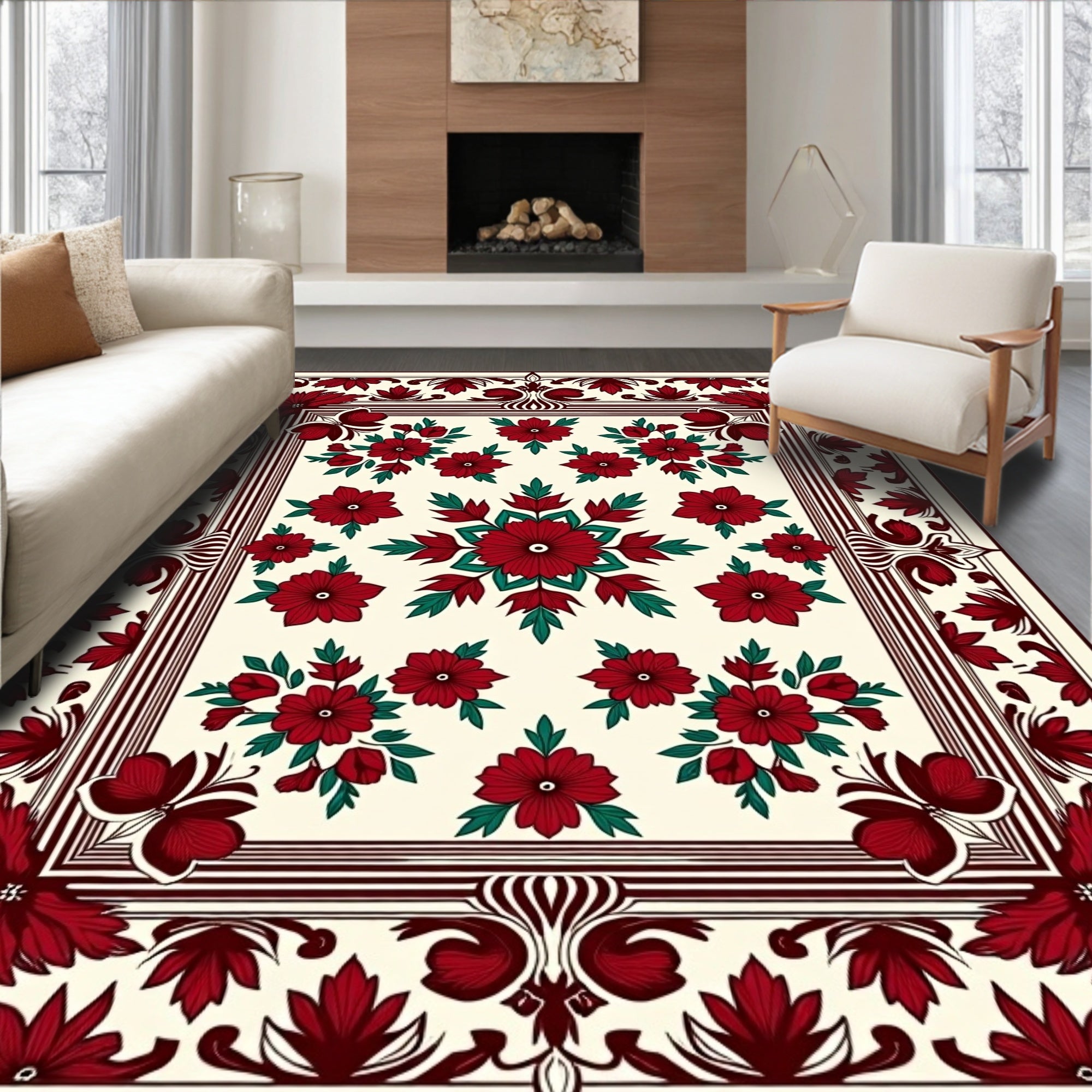 Crimson Floral Mandala Patterned Textile Rug